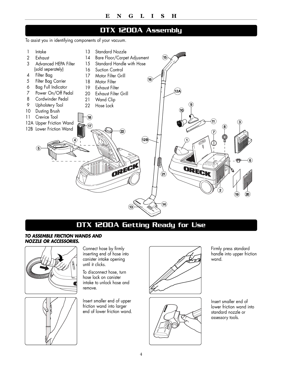 Oreck DTX 1200B quick start DTX 1200A Assembly, DTX 1200A Getting Ready for Use 