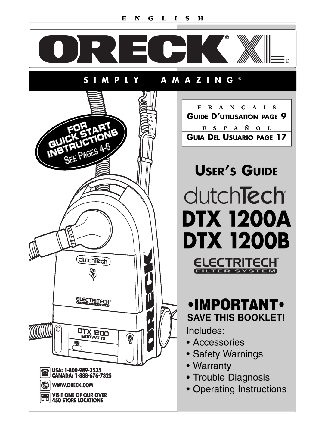 Oreck DTX 1200A quick start User’S Guide, S I M P L Y, A M A Z I N G, Guide D’Utilisation Page, Guia, Del Usuario Page 