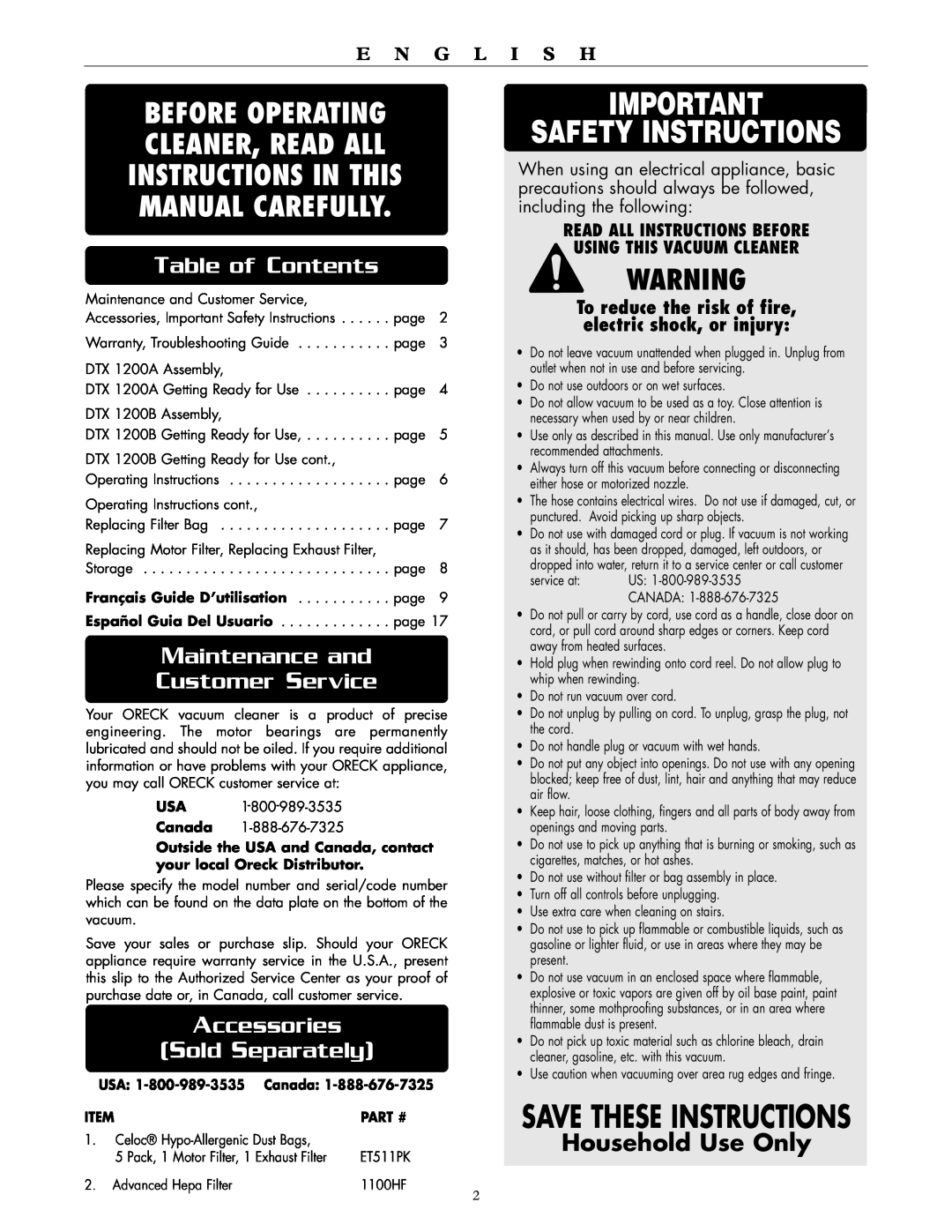Oreck DTX 1200B Safety Instructions, Save These Instructions, Table of Contents, Maintenance and, Customer Service, Part # 