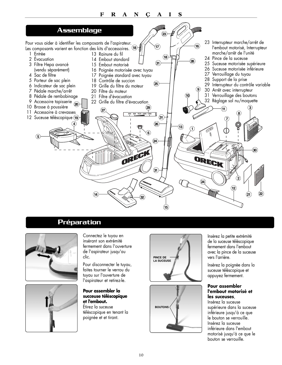 Oreck DTX 1300 warranty Assemblage, Préparation 