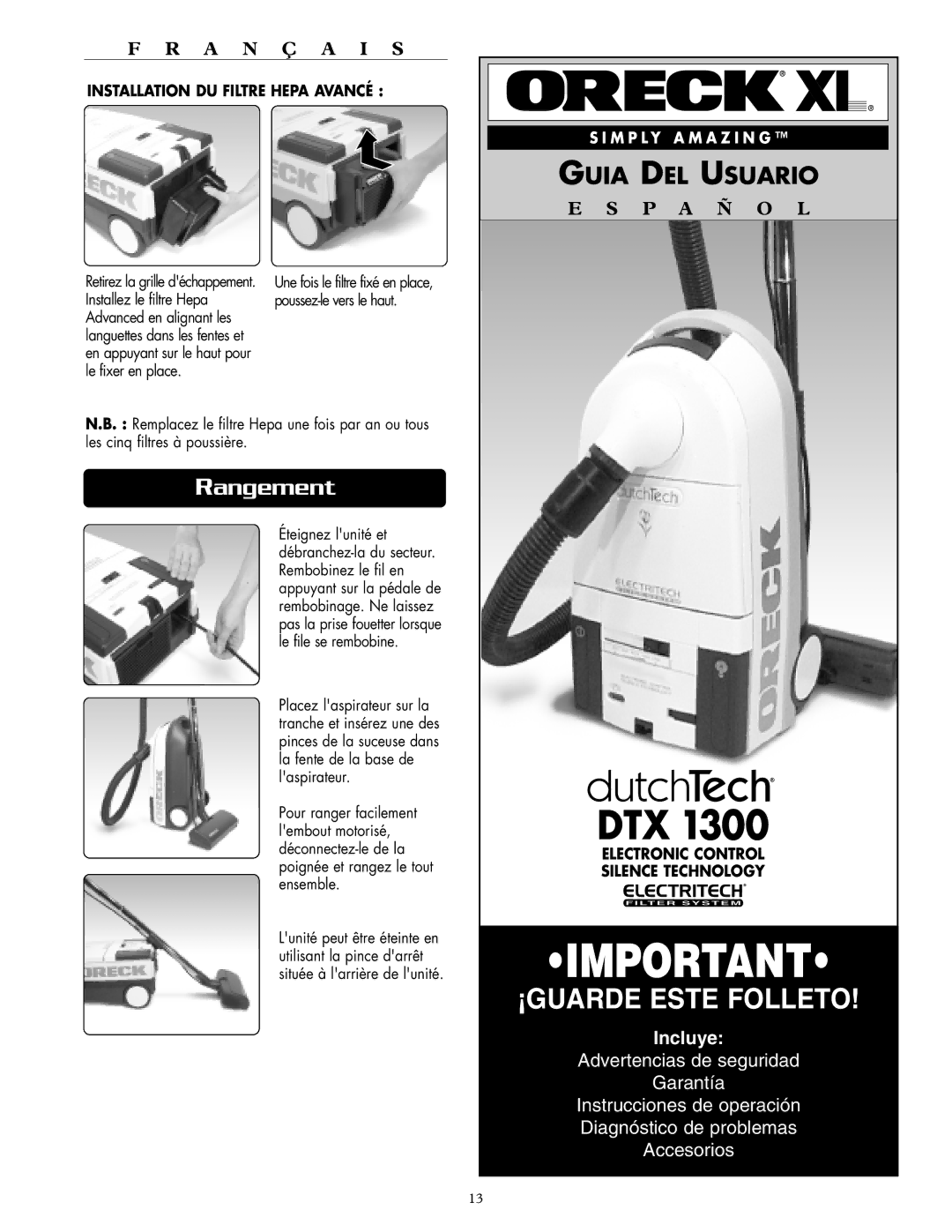 Oreck DTX 1300 warranty Rangement, Installez le filtre Hepa, Advanced en alignant les 