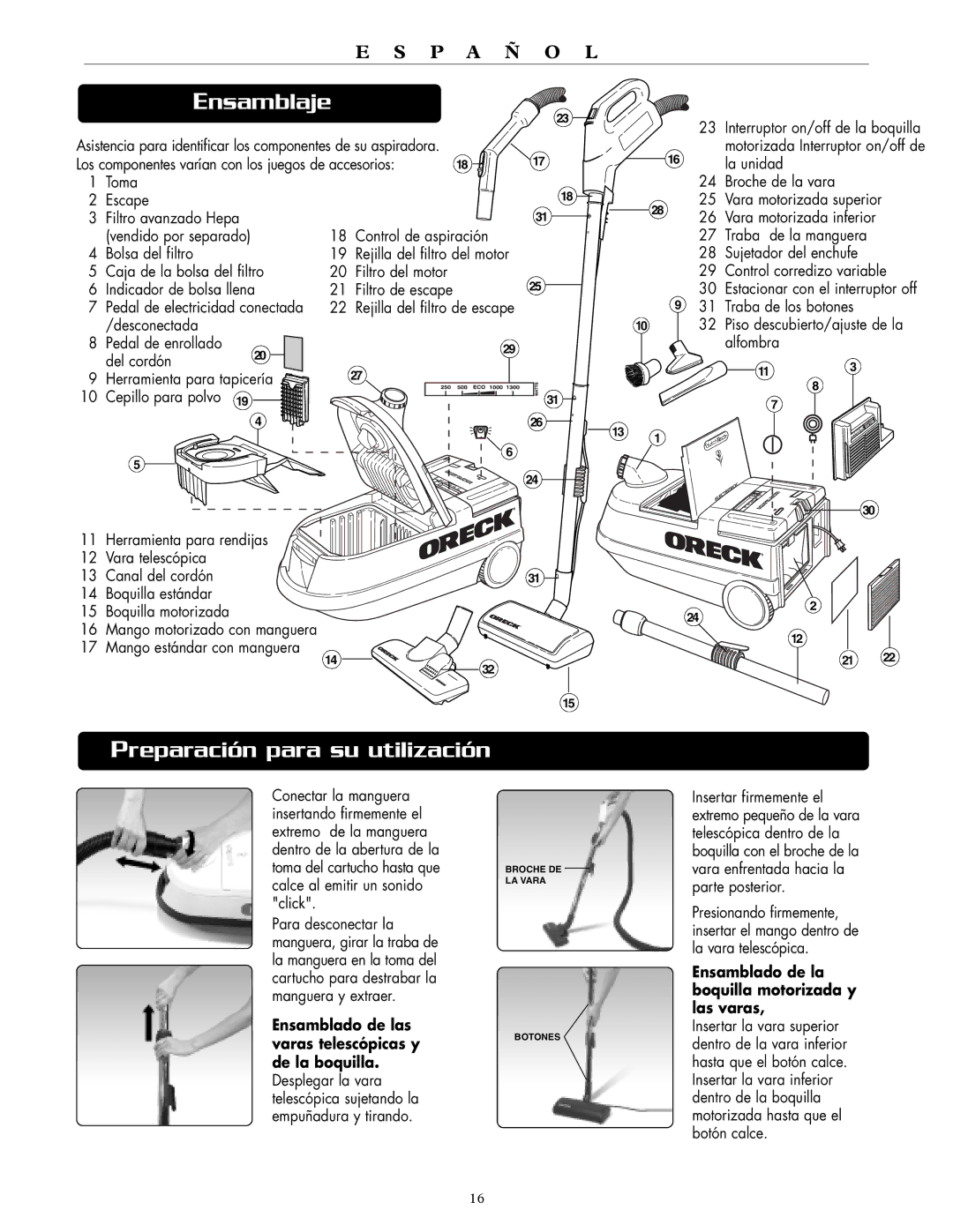 Oreck DTX 1300 warranty Ensamblaje, La unidad, Alfombra 