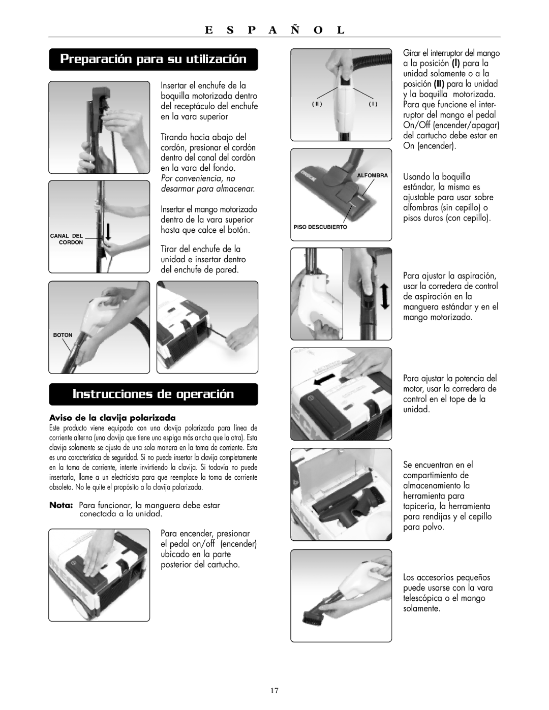 Oreck DTX 1300 warranty Preparación para su utilización, Instrucciones de operación 