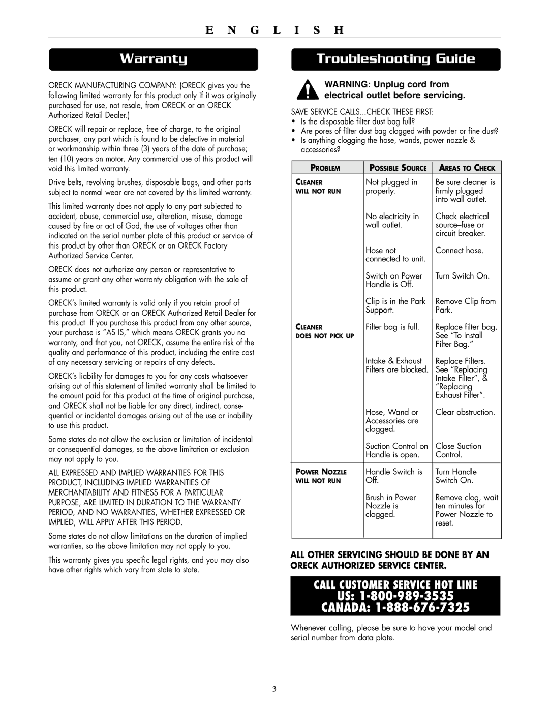 Oreck DTX 1300 warranty Warranty, Troubleshooting Guide 