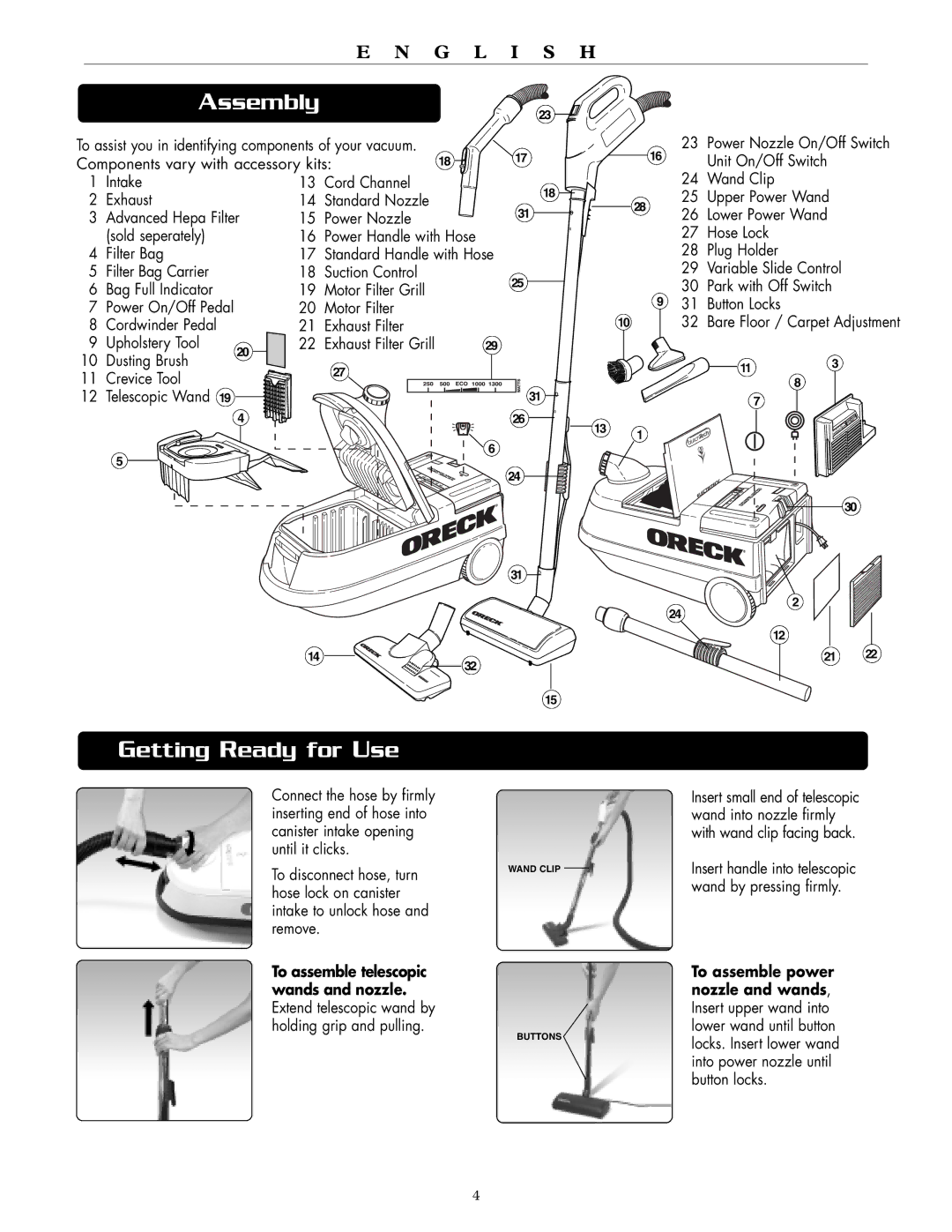 Oreck DTX 1300 warranty Assembly, Getting Ready for Use 