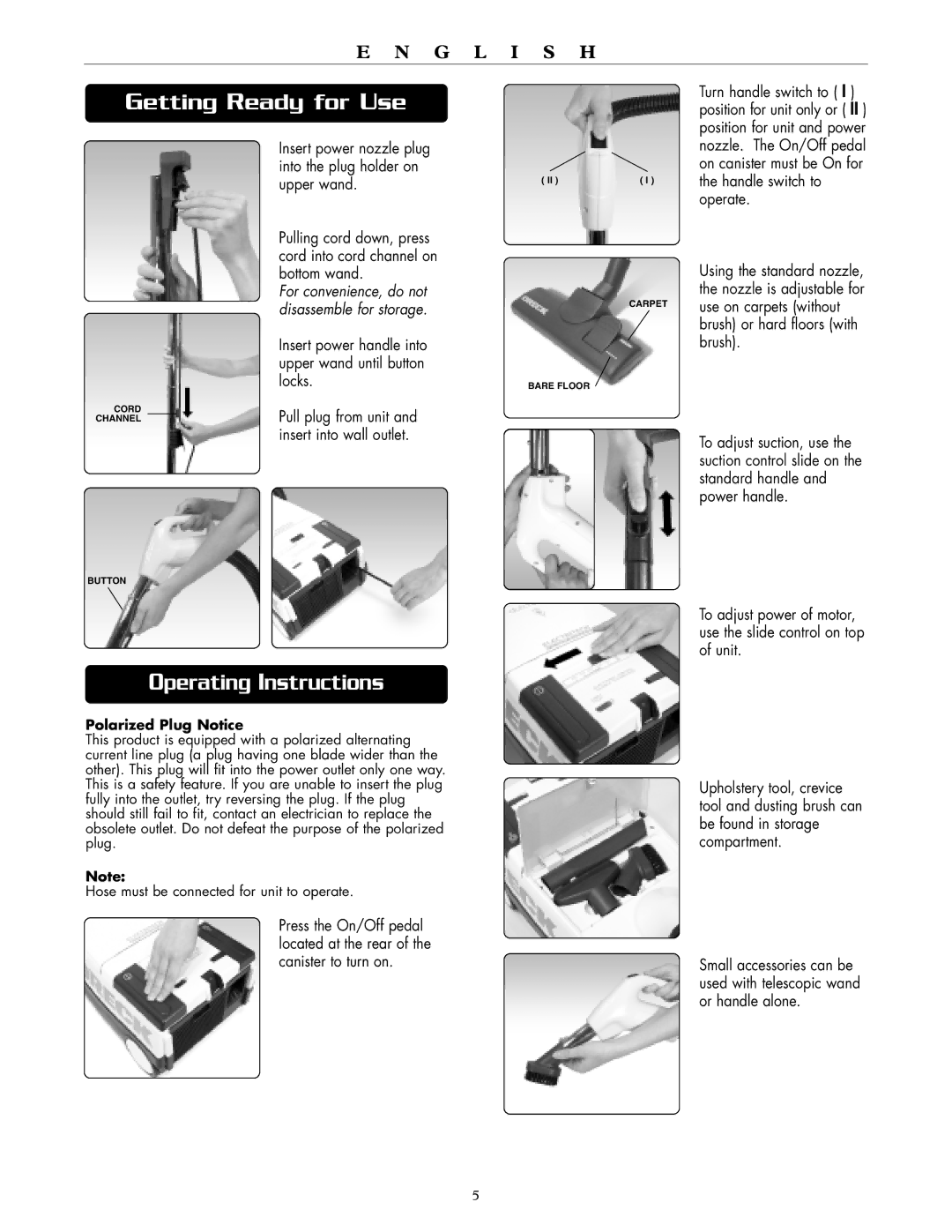 Oreck DTX 1300 Operating Instructions, Insert power nozzle plug into the plug holder on upper wand, Polarized Plug Notice 