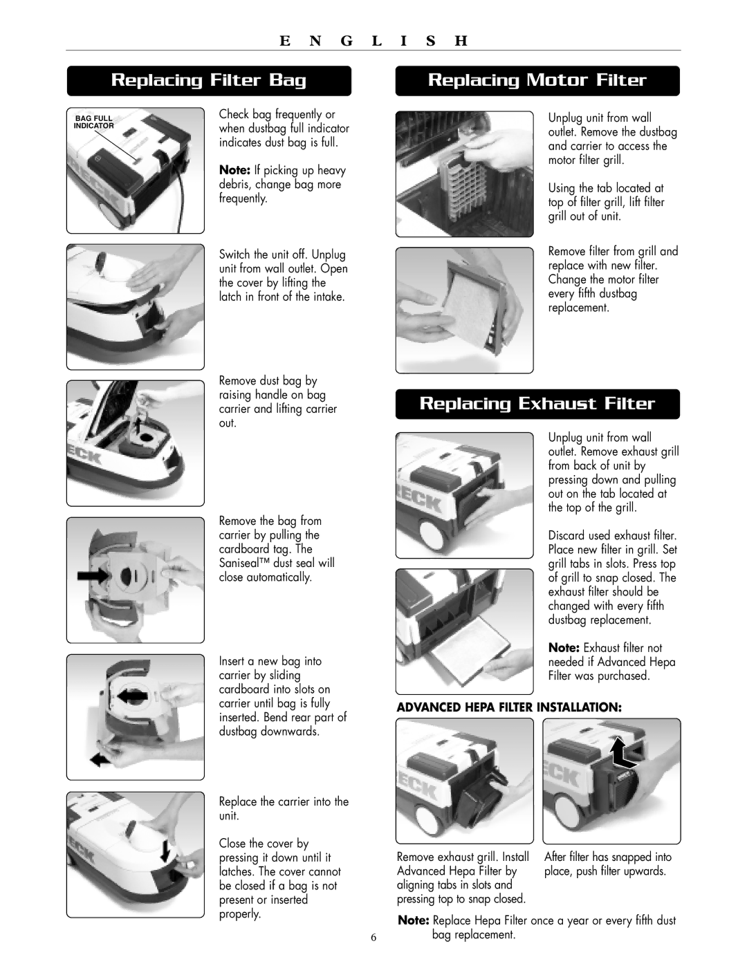 Oreck DTX 1300 warranty Replacing Filter Bag Replacing Motor Filter, Replacing Exhaust Filter, Advanced Hepa Filter by 