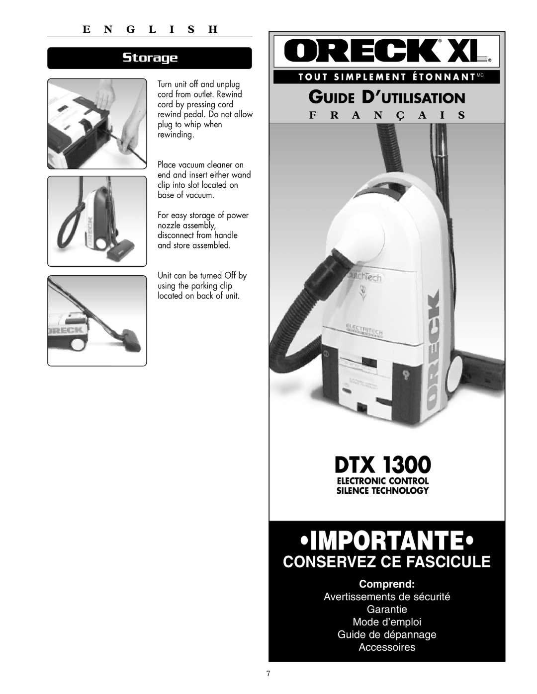 Oreck DTX 1300 warranty Importante, Storage 