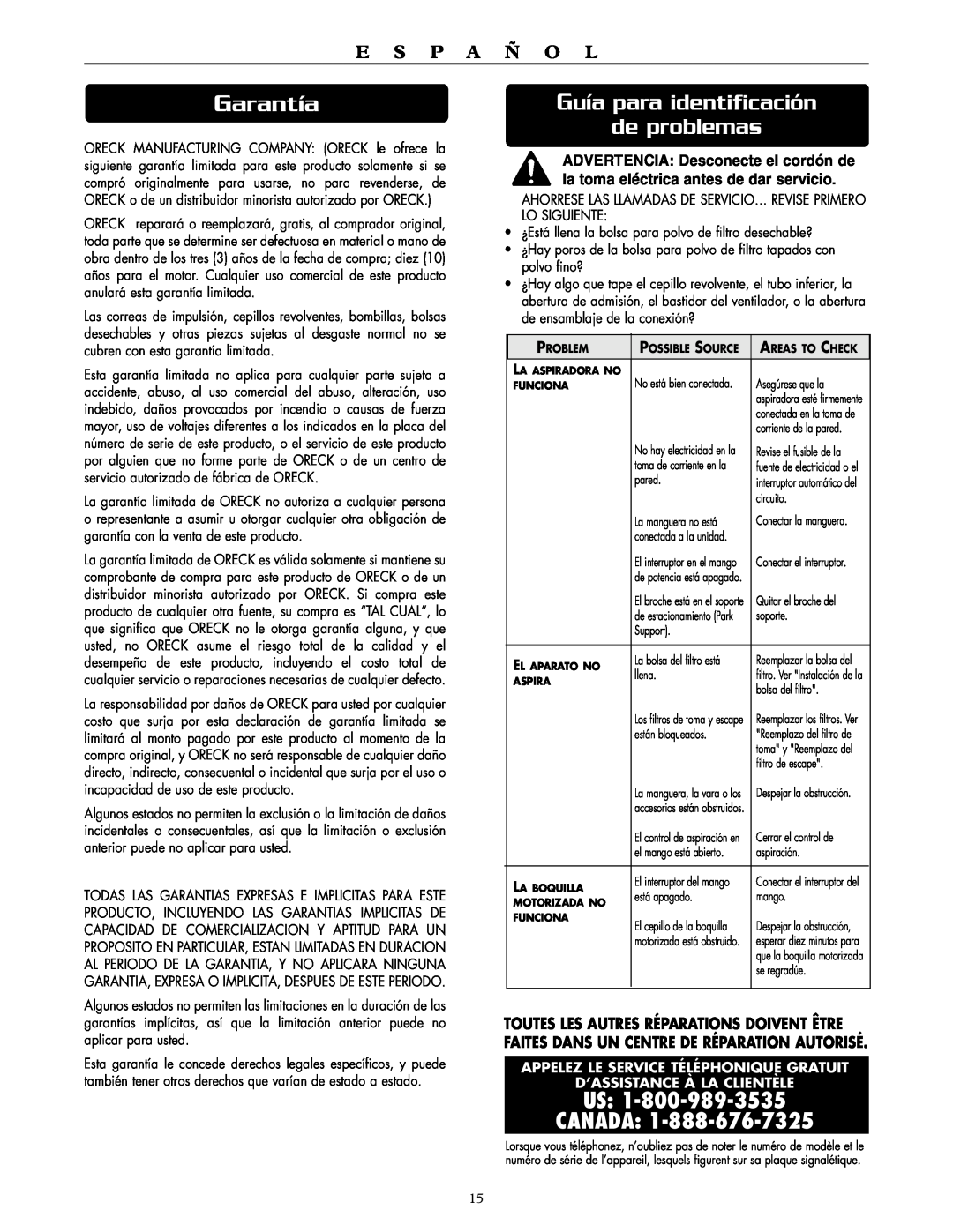 Oreck DTX 1300 Garantía, Guía para identificación de problemas, Us Canada, E S P A Ñ O L, D’Assistance À La Clientèle 