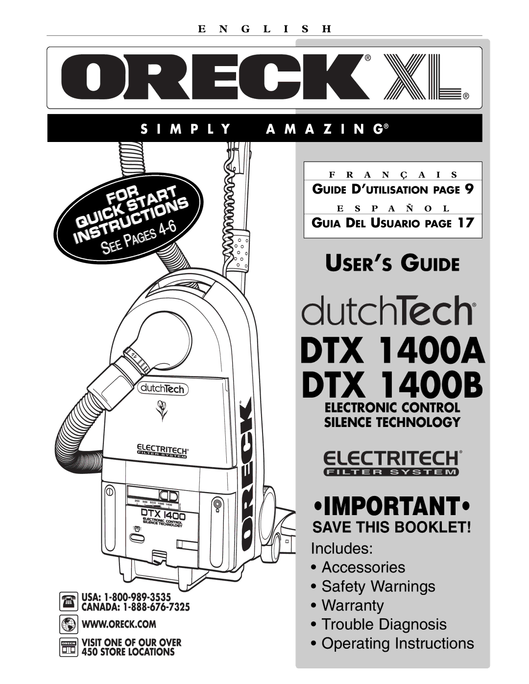 Oreck quick start DTX 1400A DTX 1400B 