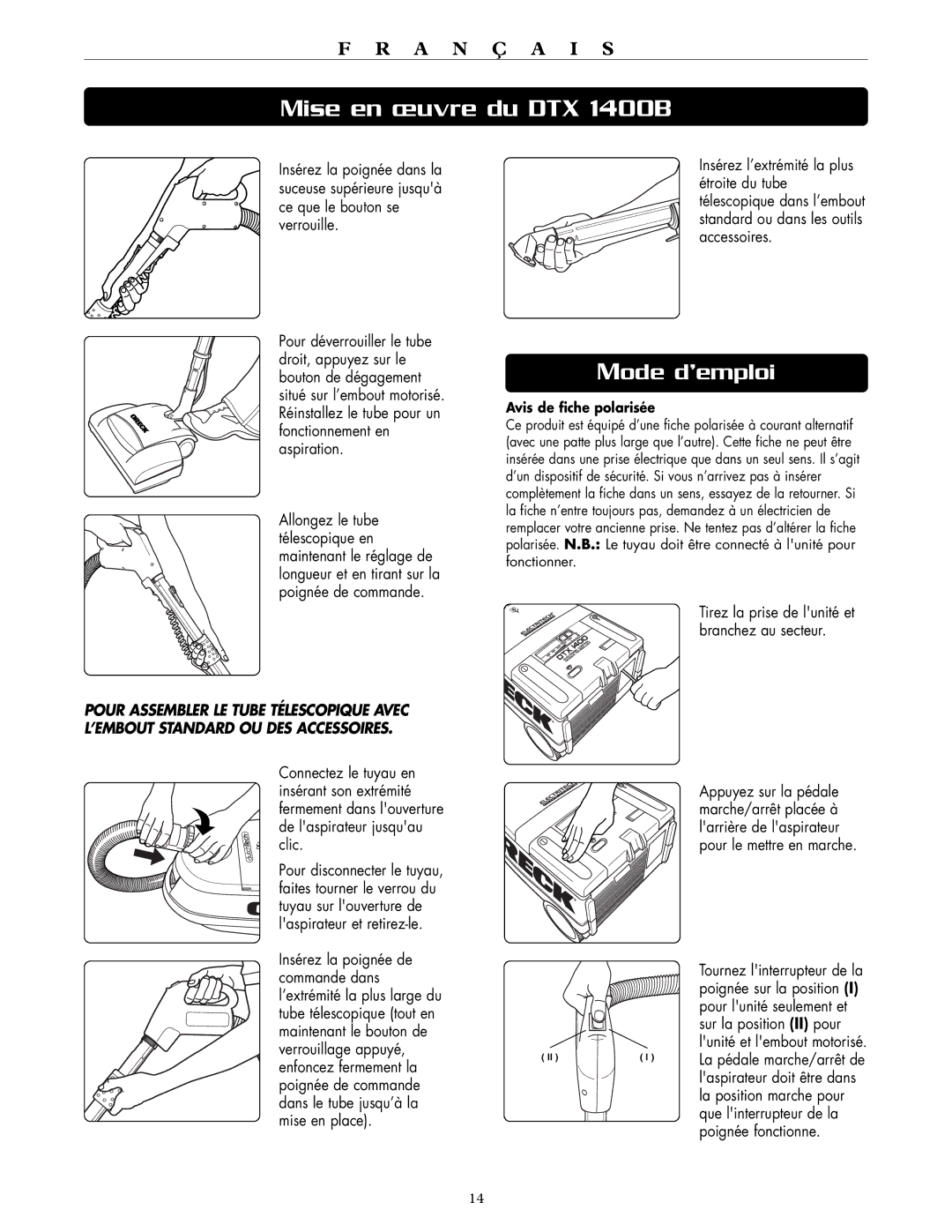 Oreck DTX 1400B, DTX 1400A quick start Mode d’emploi 