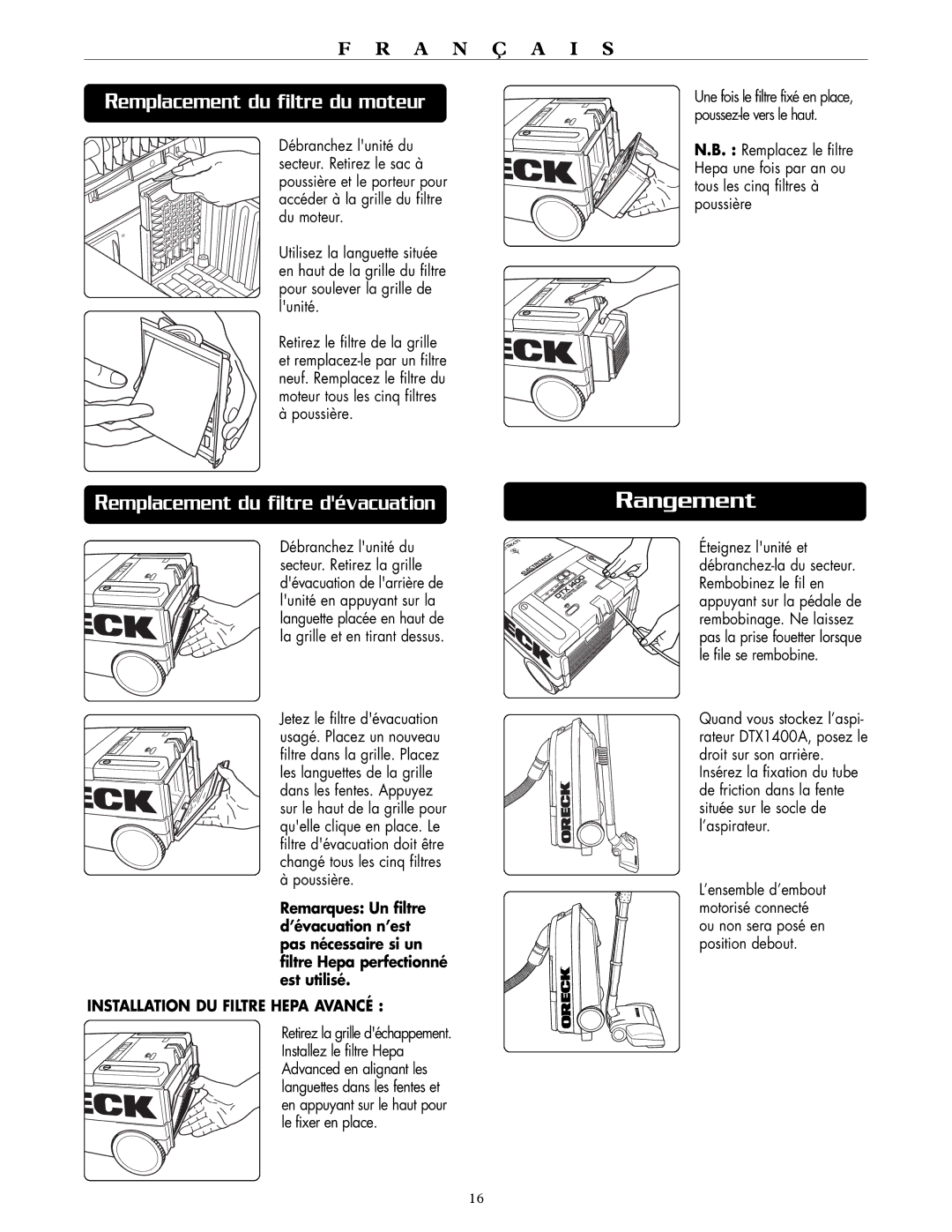 Oreck DTX 1400B, DTX 1400A quick start Rangement, Remplacement du filtre du moteur 