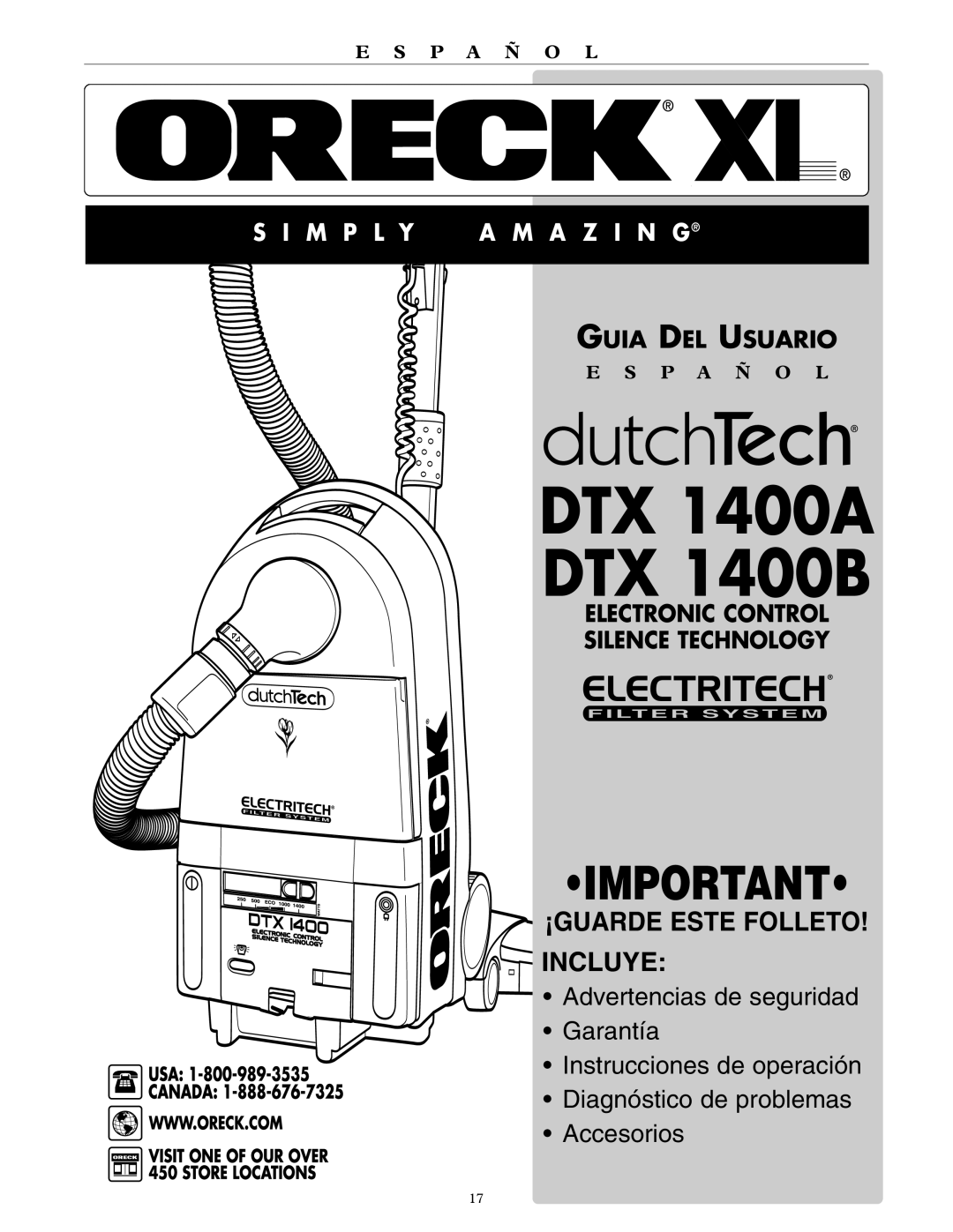 Oreck DTX 1400A, DTX 1400B quick start ¡GUARDE Este Folleto Incluye 