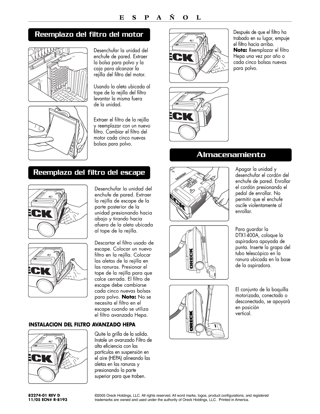 Oreck DTX 1400B, DTX 1400A quick start Reemplazo del filtro del motor, Reemplazo del filtro del escape, Almacenamiento 