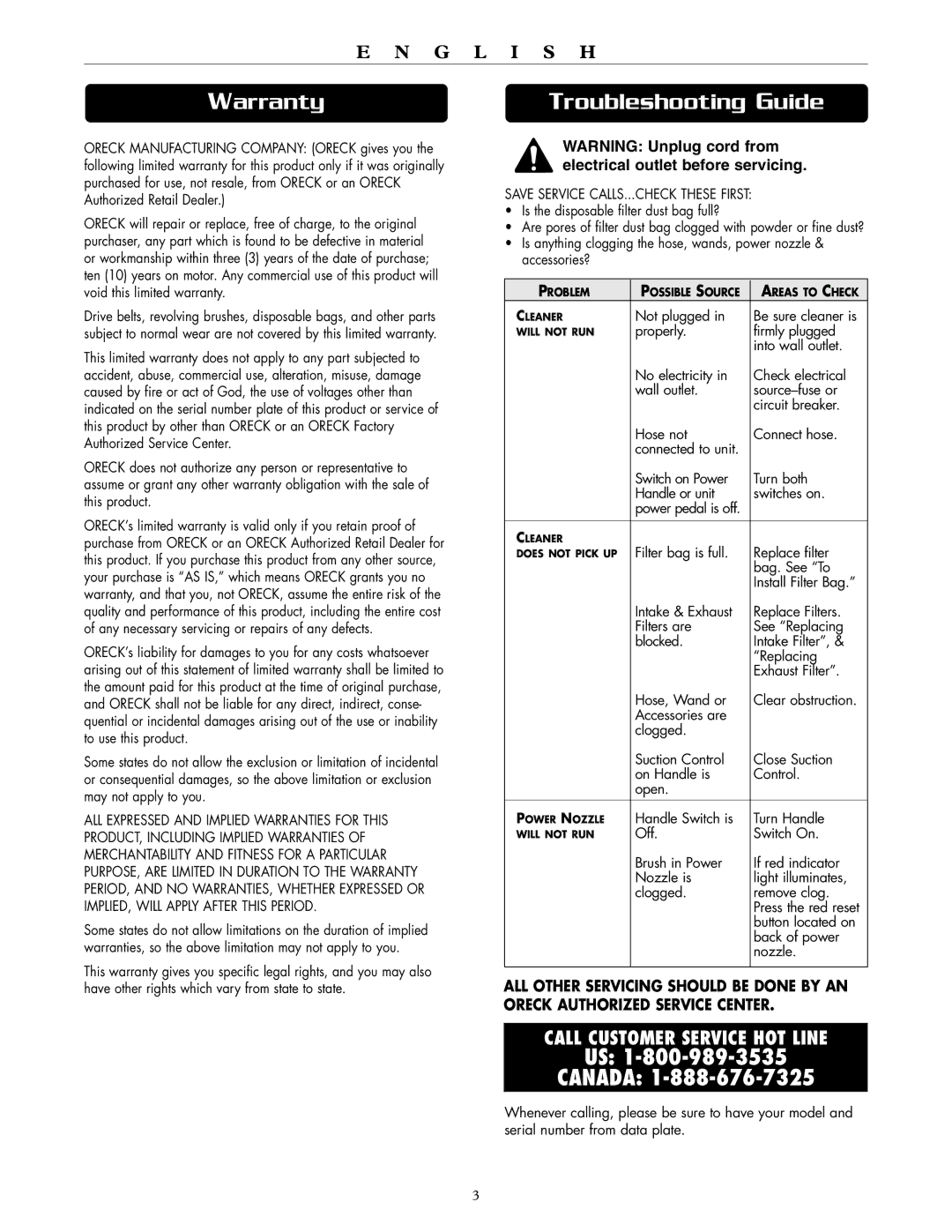 Oreck DTX 1400A, DTX 1400B quick start Warranty, Troubleshooting Guide 