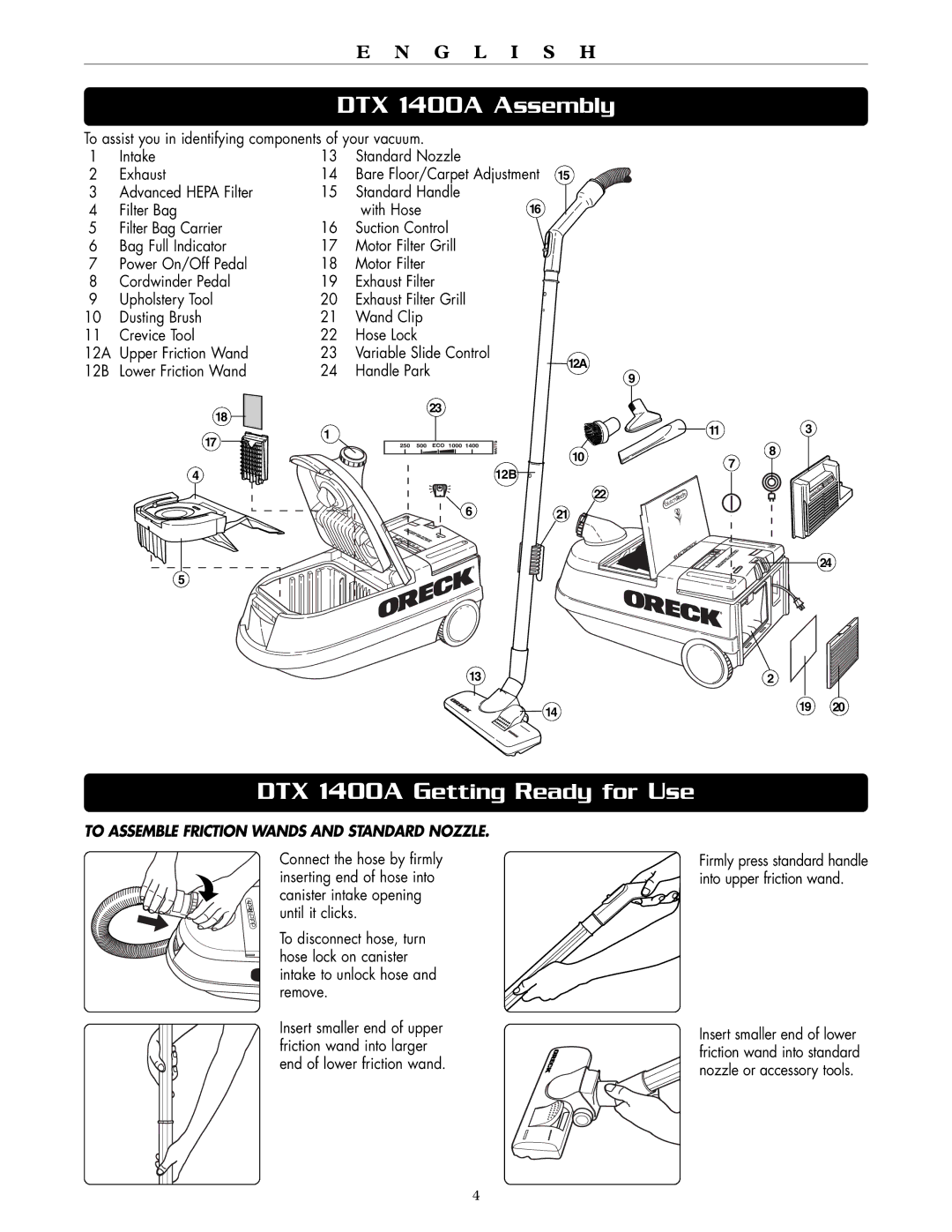 Oreck DTX 1400B quick start DTX 1400A Assembly, DTX 1400A Getting Ready for Use, 12B Lower Friction Wand Handle Park 