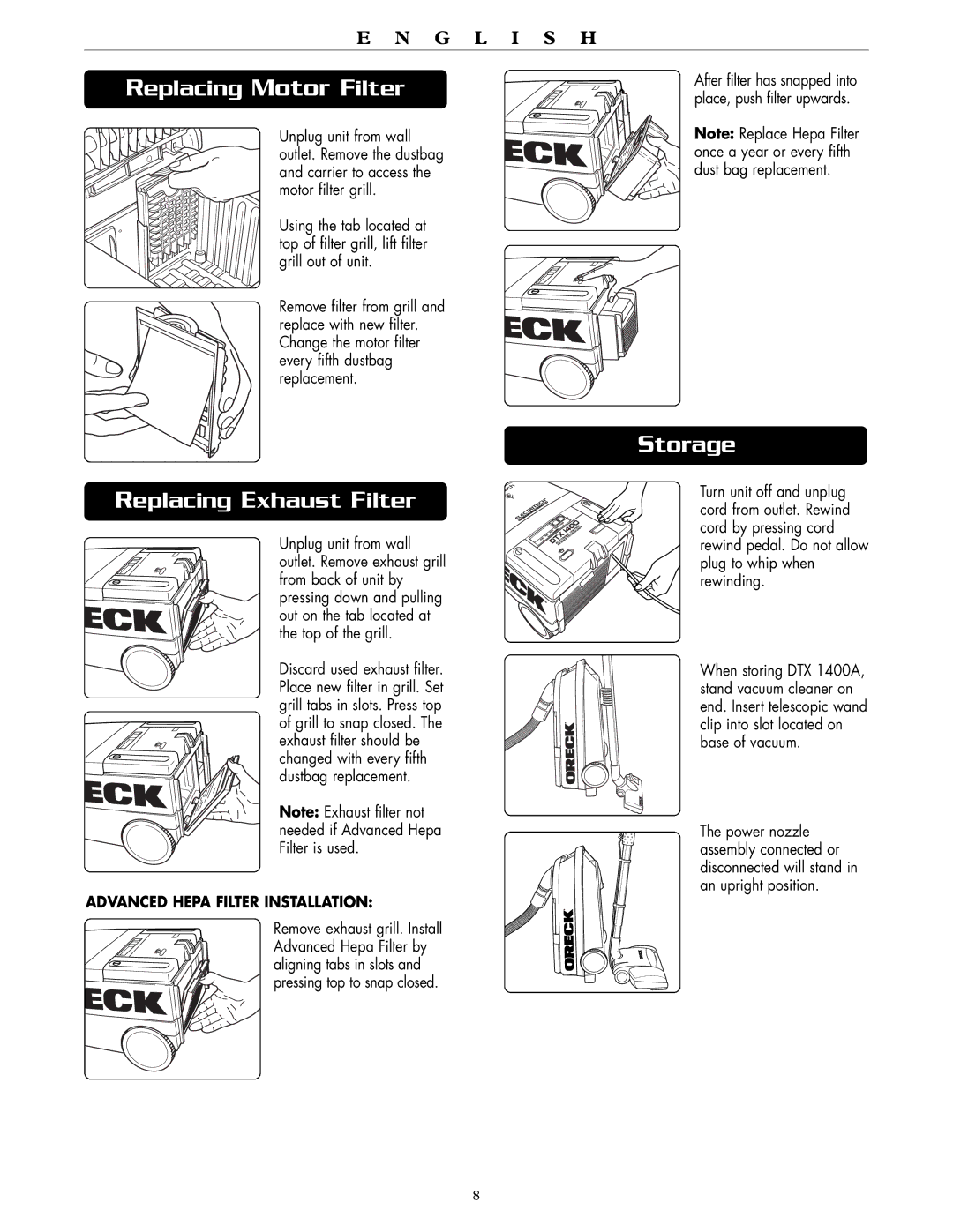 Oreck DTX 1400B, DTX 1400A quick start Replacing Motor Filter, Replacing Exhaust Filter, Storage 