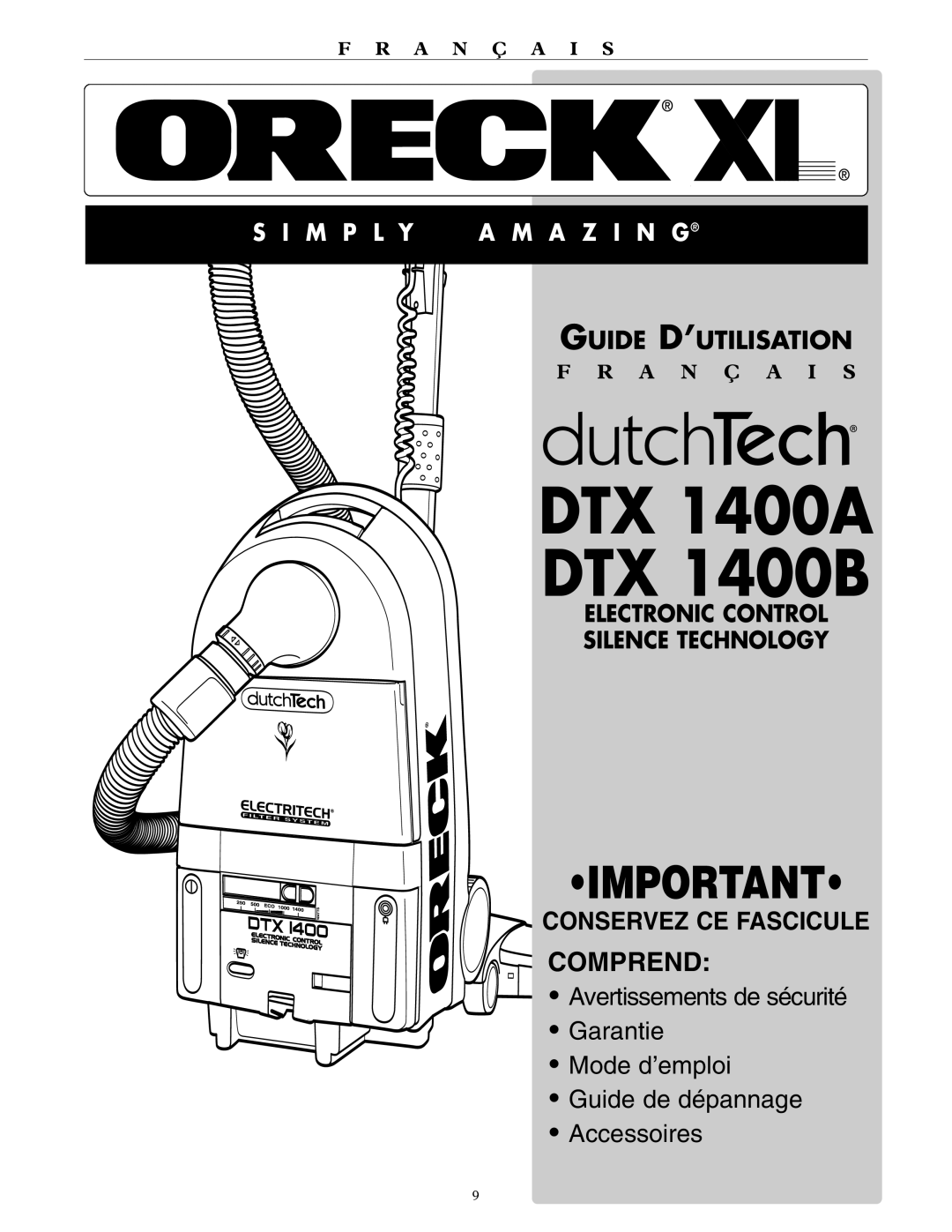 Oreck DTX 1400A, DTX 1400B quick start Comprend 