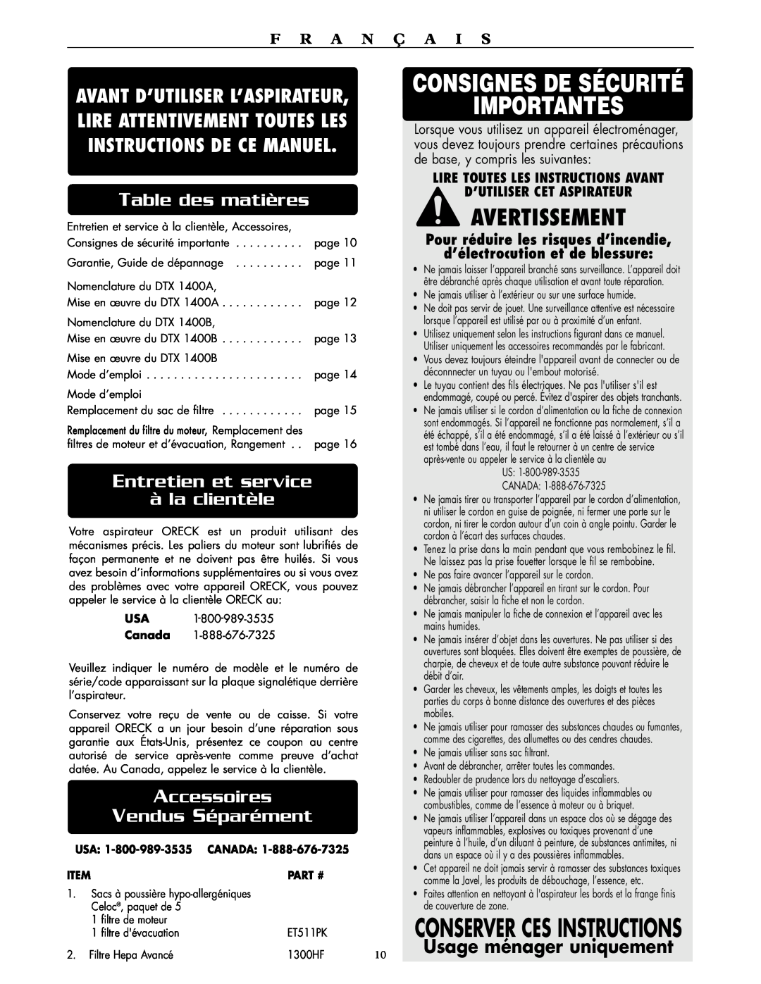 Oreck DTX 1400B Consignes De Sécurité Importantes, Avertissement, Conserver Ces Instructions, Table des matières 