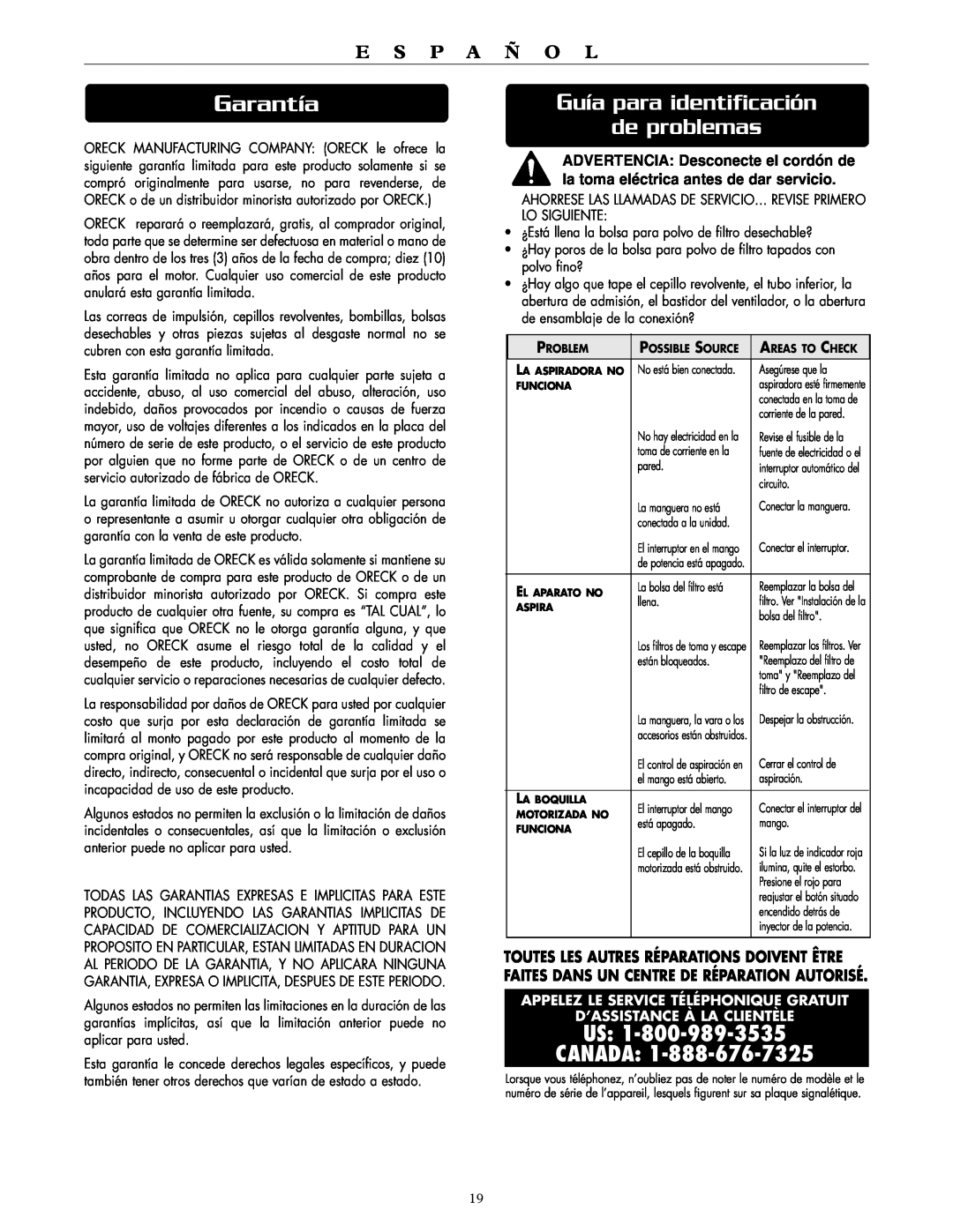 Oreck DTX 1400A Garantía, Guía para identificación de problemas, Us Canada, E S P A Ñ O L, D’Assistance À La Clientèle 
