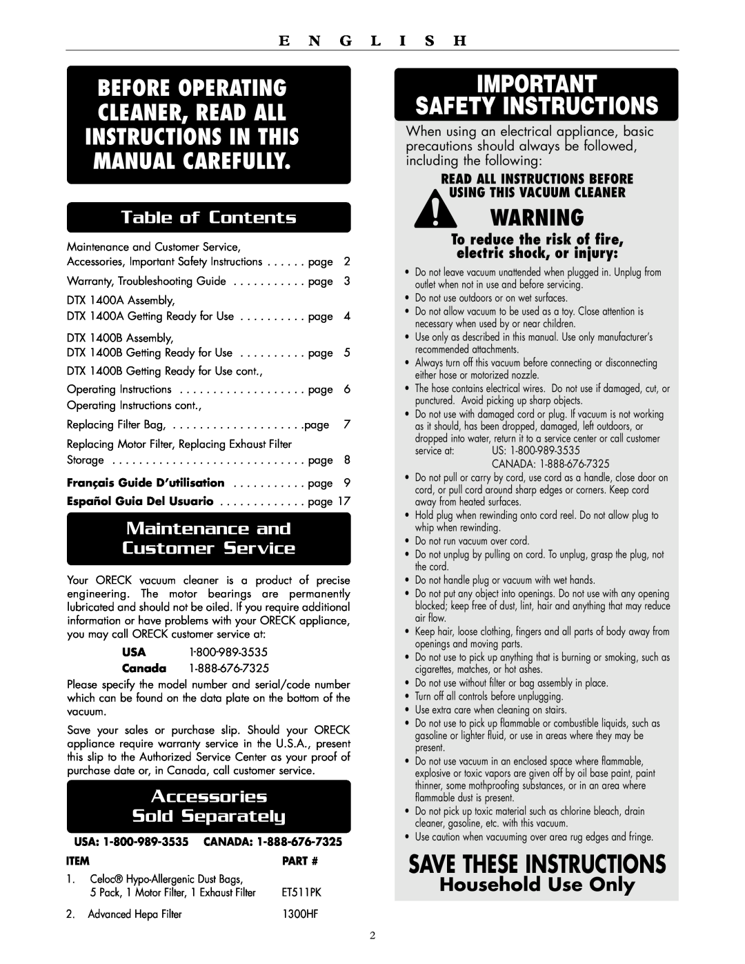 Oreck DTX 1400B Safety Instructions, Save These Instructions, Before Operating, Cleaner, Read All, Manual Carefully 