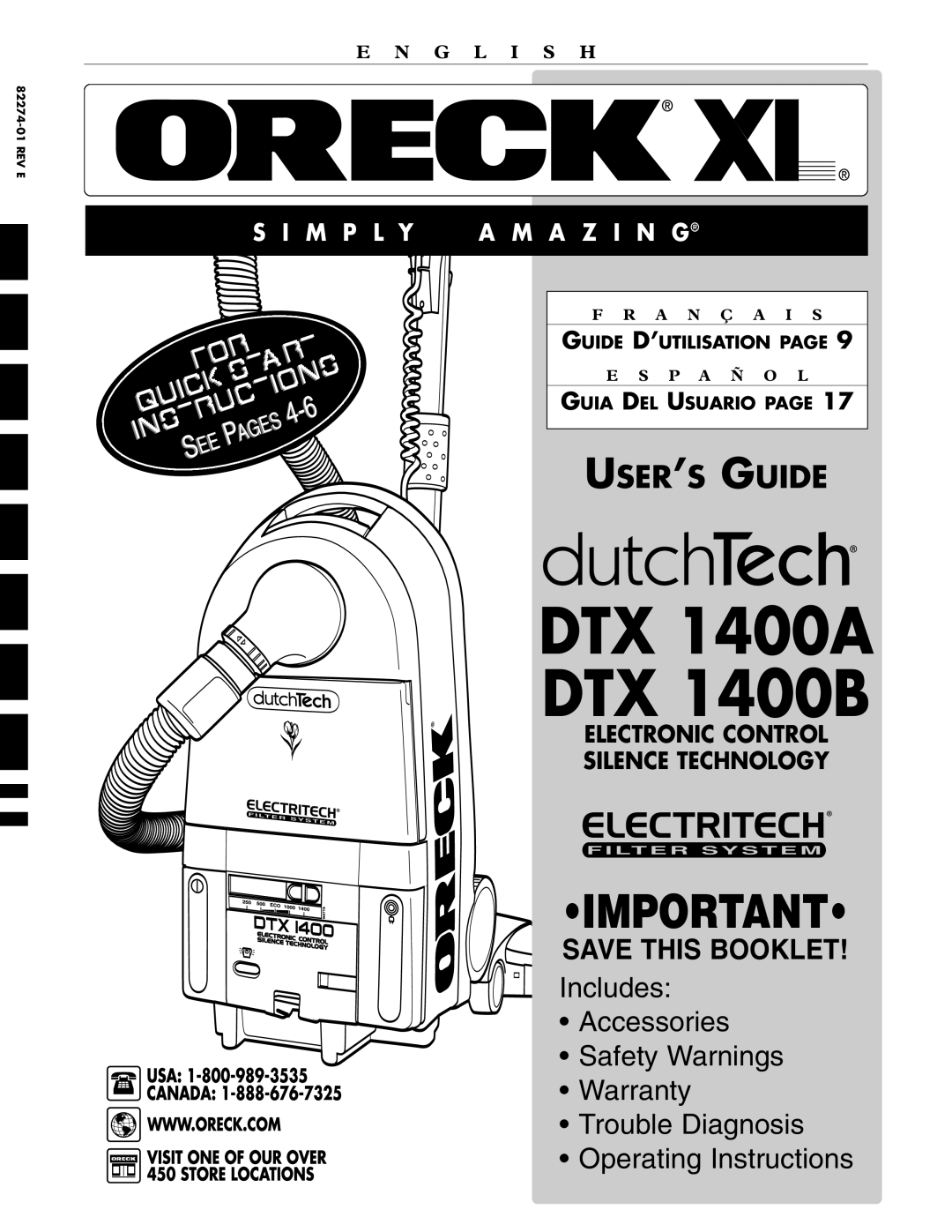 Oreck warranty DTX 1400A DTX 1400B 