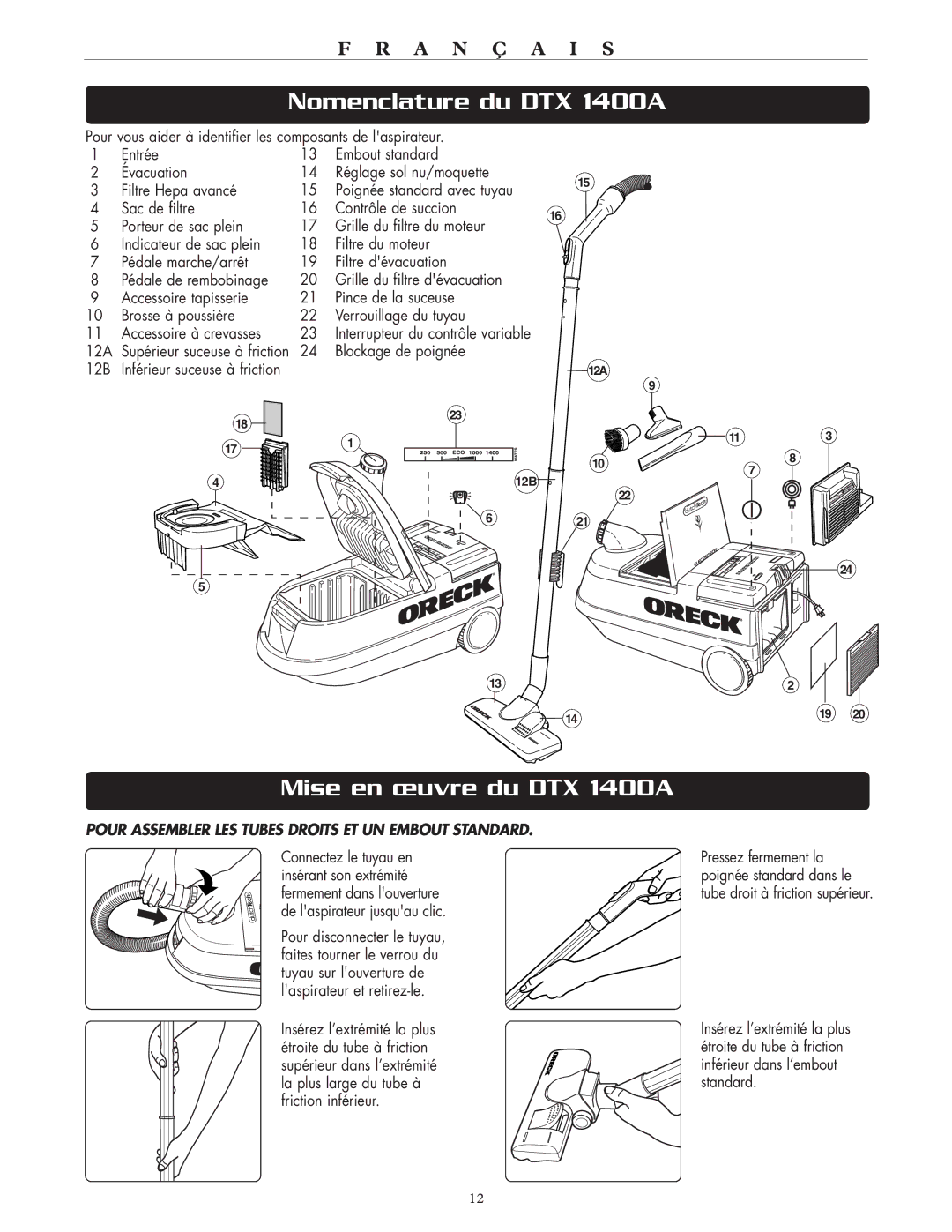 Oreck warranty Nomenclature du DTX 1400A, Mise en œuvre du DTX 1400A, Blockage de poignée 12B 