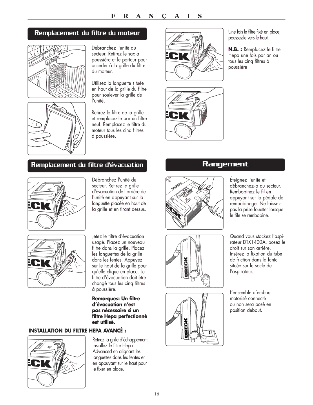 Oreck DTX warranty Rangement, Remplacement du filtre du moteur 