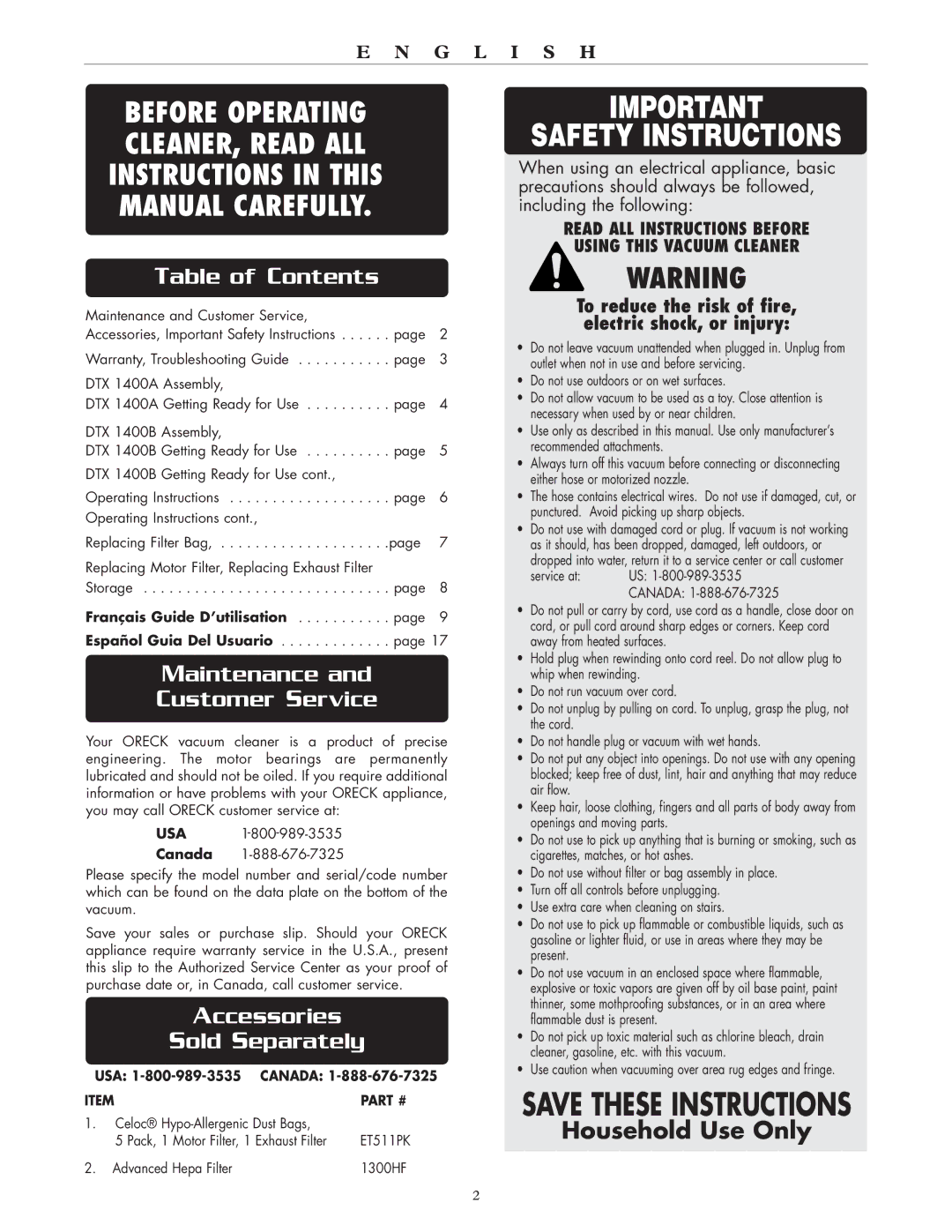 Oreck DTX warranty Table of Contents, Maintenance Customer Service, Accessories Sold Separately 