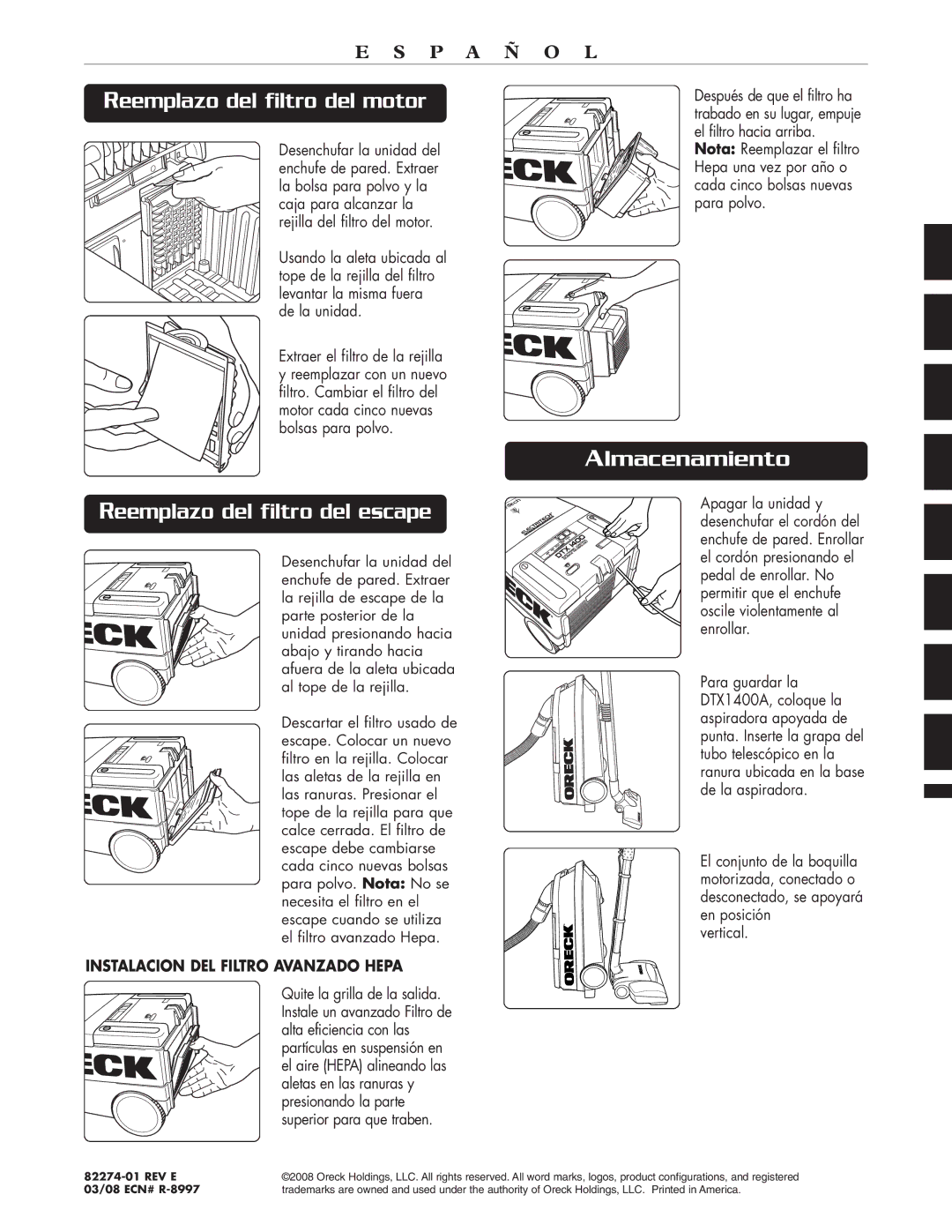 Oreck DTX warranty Reemplazo del filtro del motor, Reemplazo del filtro del escape, Almacenamiento 