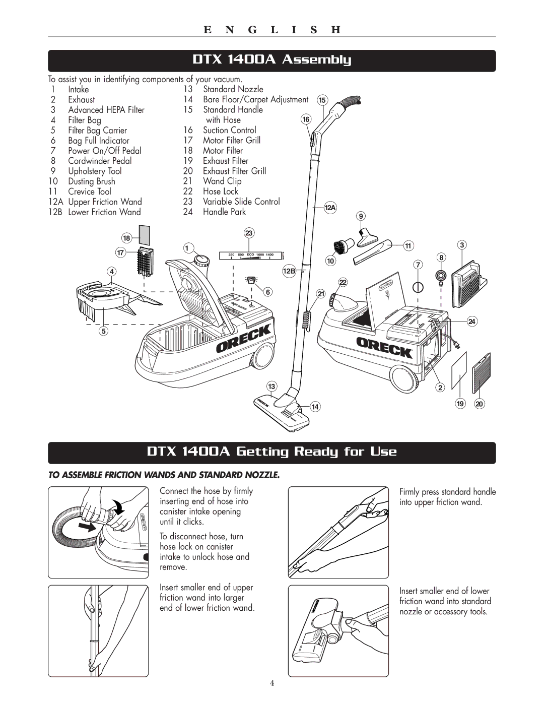 Oreck warranty DTX 1400A Assembly, DTX 1400A Getting Ready for Use, 12B Lower Friction Wand Handle Park 