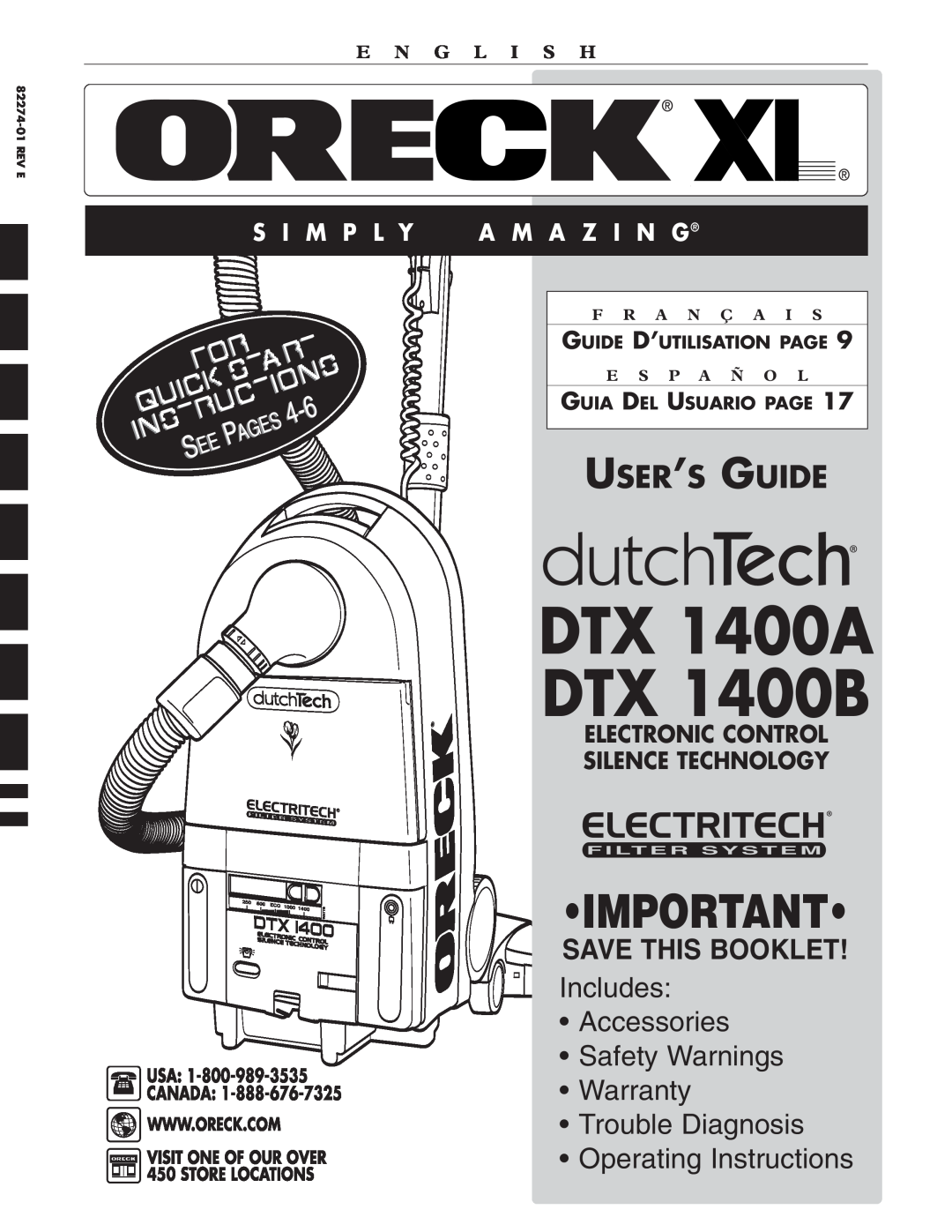 Oreck warranty DTX 1400A DTX 1400B, •Important•, User’S Guide, S I M P L Y, A M A Z I N G, E N G L I S H, E S P A Ñ O L 