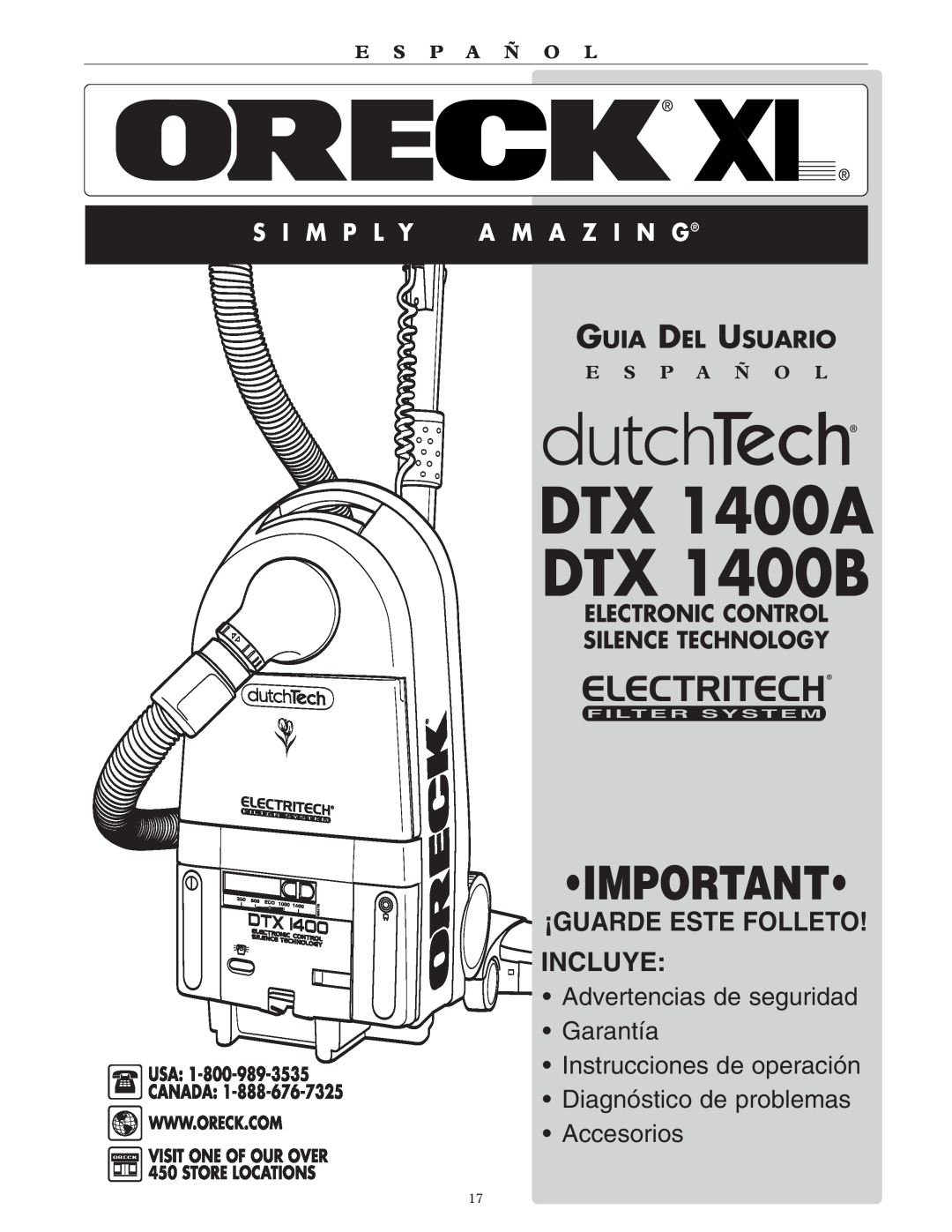 Oreck DTX ¡Guarde Este Folleto Incluye, Advertencias de seguridad Garantía, Instrucciones de operación, Guia Del Usuario 