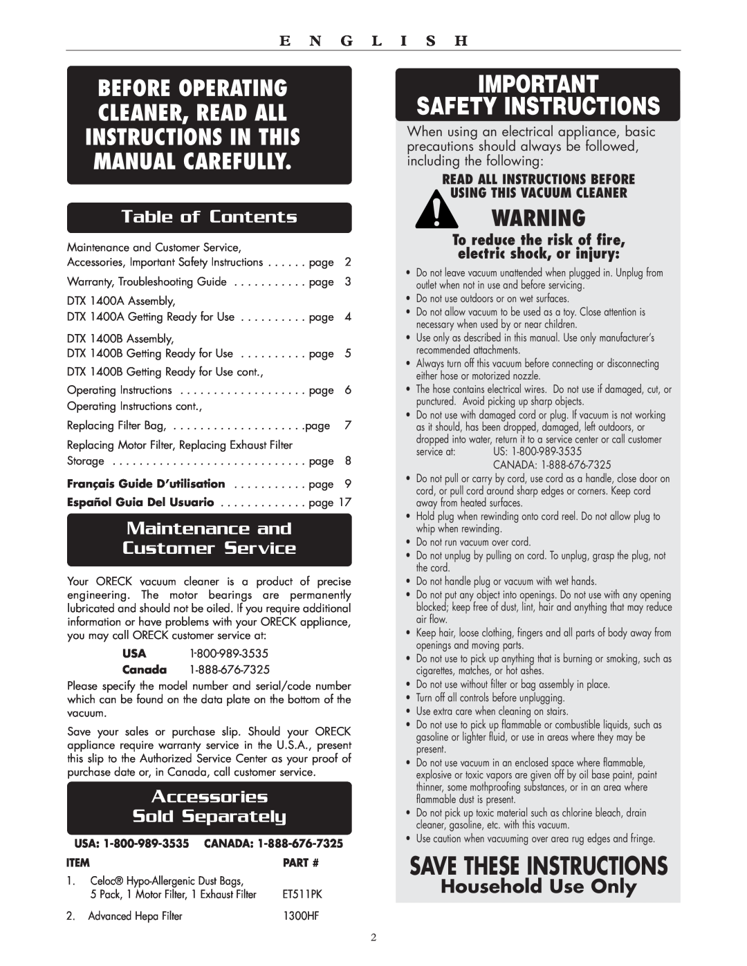 Oreck DTX Safety Instructions, Save These Instructions, Before Operating, Cleaner, Read All, Manual Carefully, Part # 
