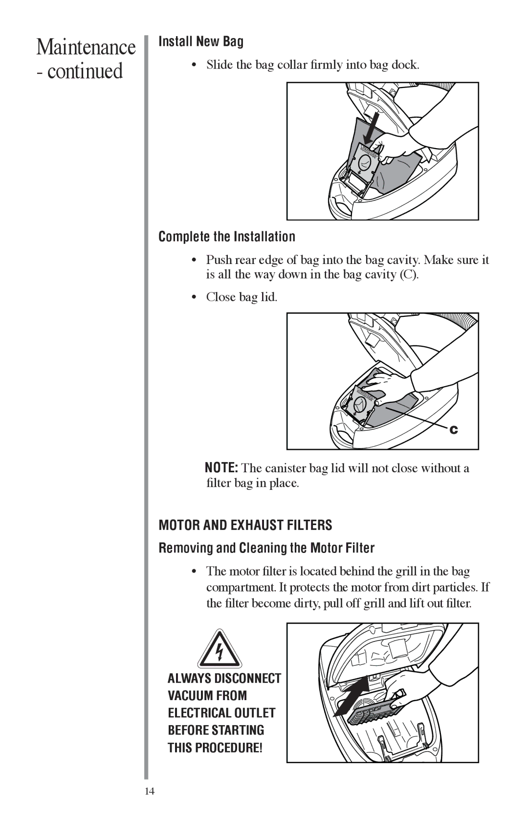 Oreck FC1000 manual Install New Bag, Complete the Installation, Removing and Cleaning the Motor Filter 