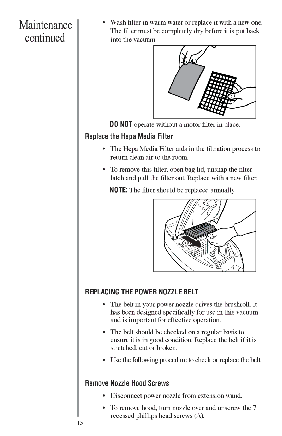 Oreck FC1000 manual Replace the Hepa Media Filter, Remove Nozzle Hood Screws 