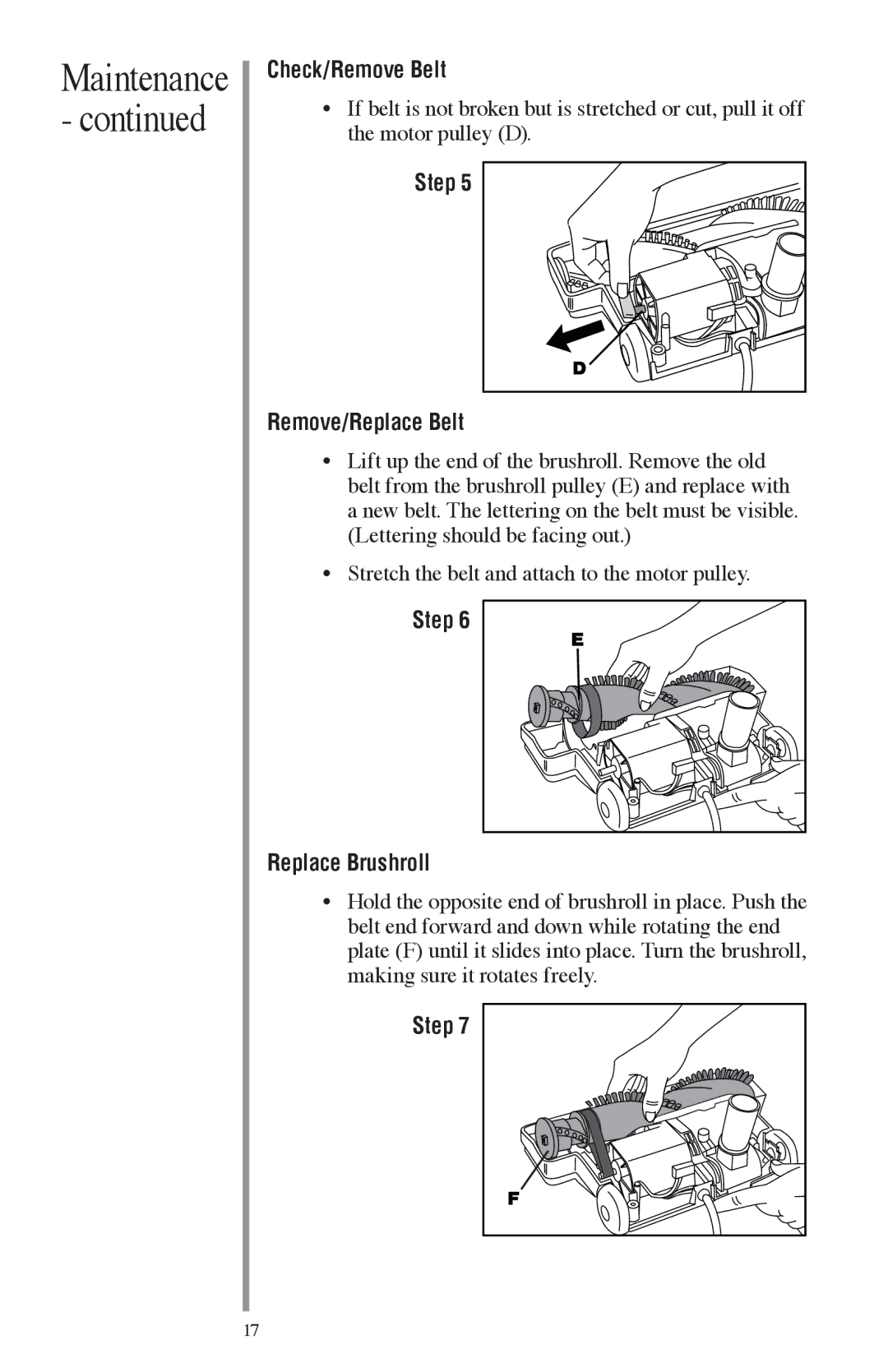 Oreck FC1000 manual Check/Remove Belt, Step Remove/Replace Belt, Step Replace Brushroll 