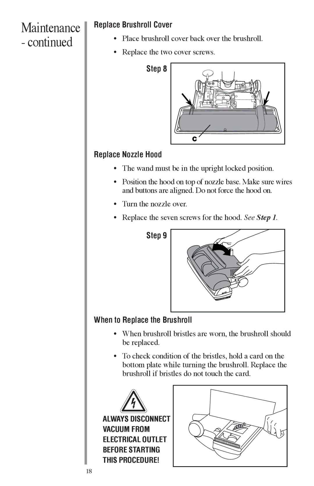 Oreck FC1000 manual Replace Brushroll Cover, Step Replace Nozzle Hood, Step When to Replace the Brushroll 