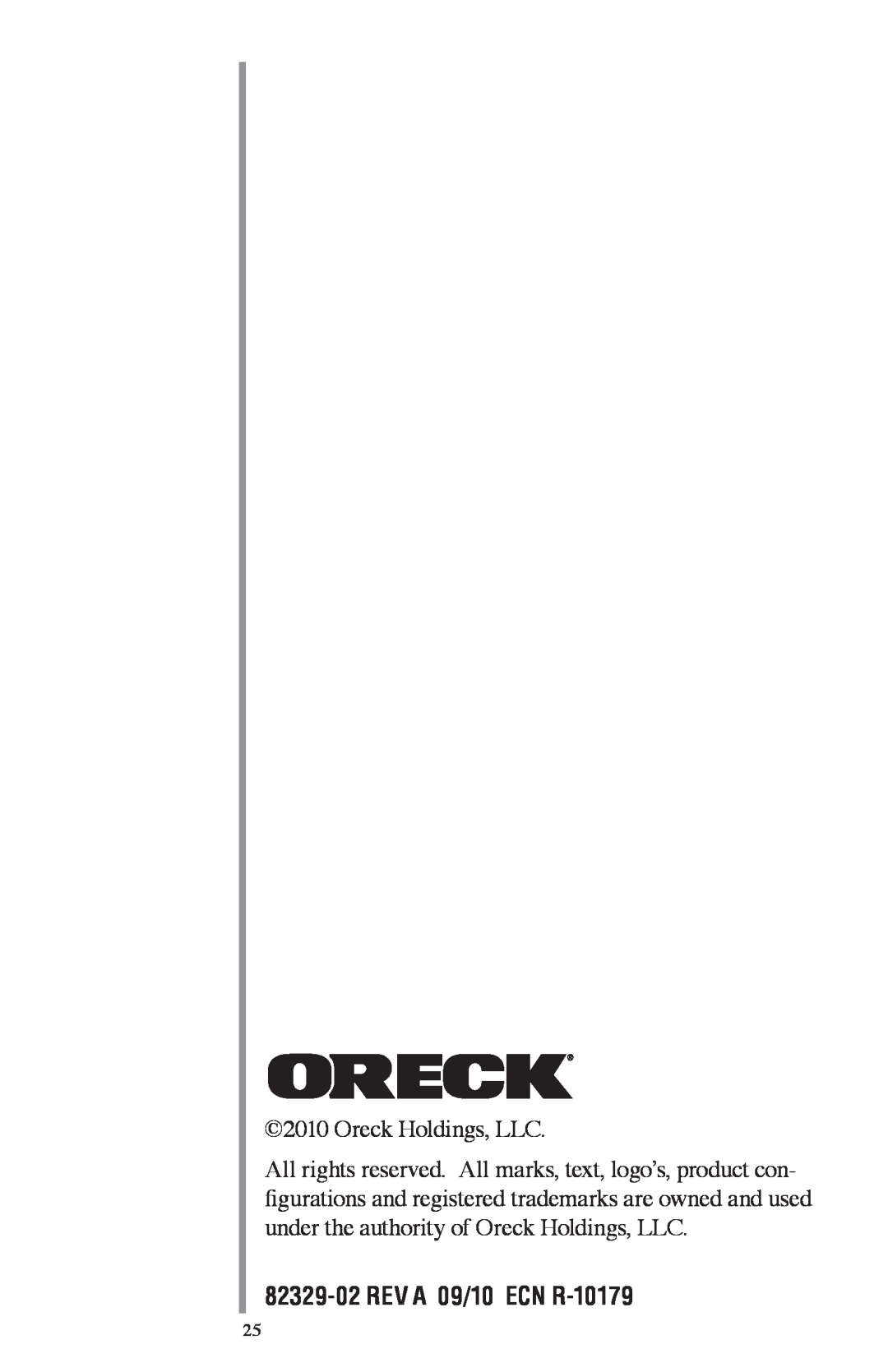 Oreck FC1000 manual 82329-02REV A 09/10 ECN R-10179, Oreck Holdings, LLC 