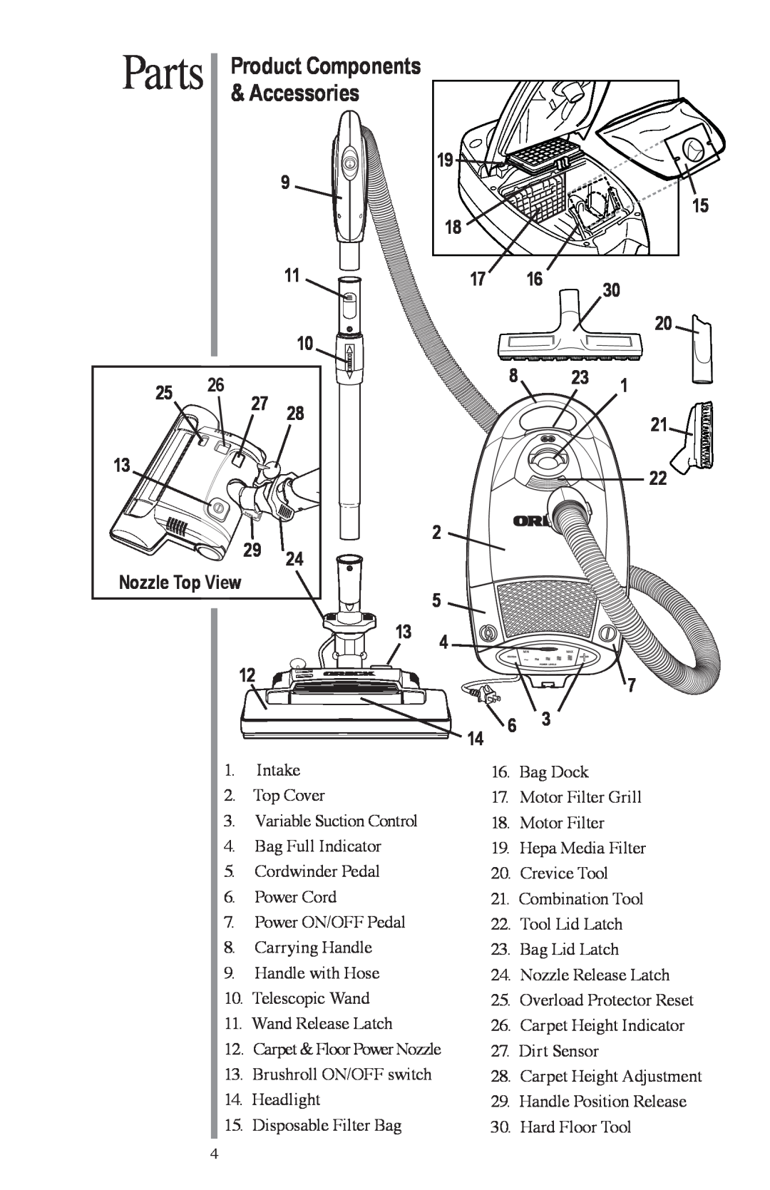Oreck FC1000 manual Parts Product Components & Accessories, 9 11 10 25 26 27 13 29 Nozzle Top View, 19 15 
