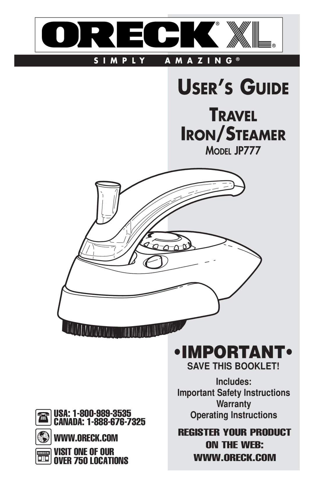 Oreck JP777 important safety instructions USER’S Guide 