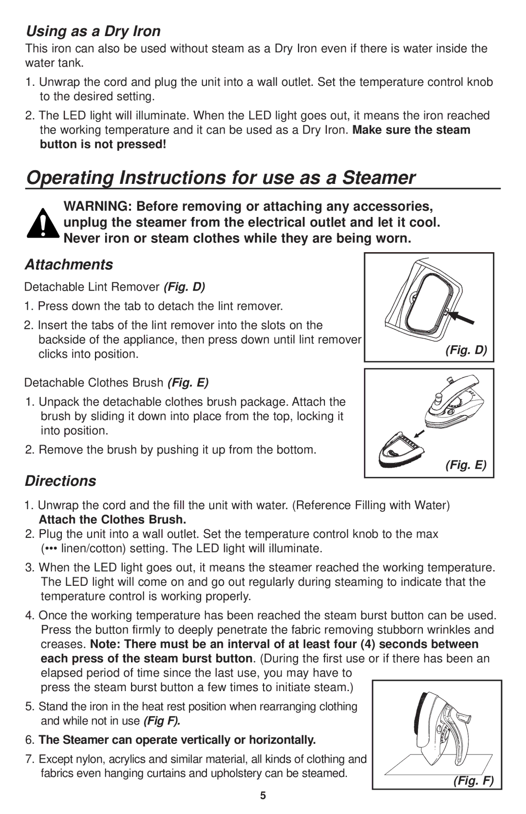 Oreck JP777 Operating Instructions for use as a Steamer, Using as a Dry Iron, Attachments, Directions 