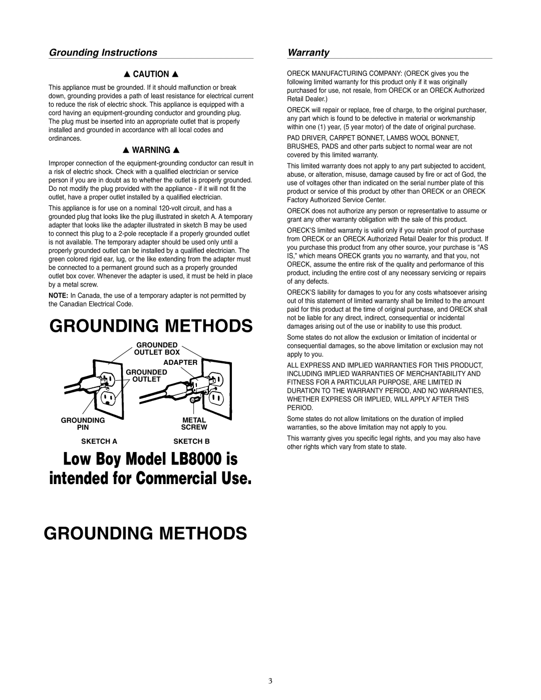 Oreck LB8000 warranty Grounding Instructions, Warranty 