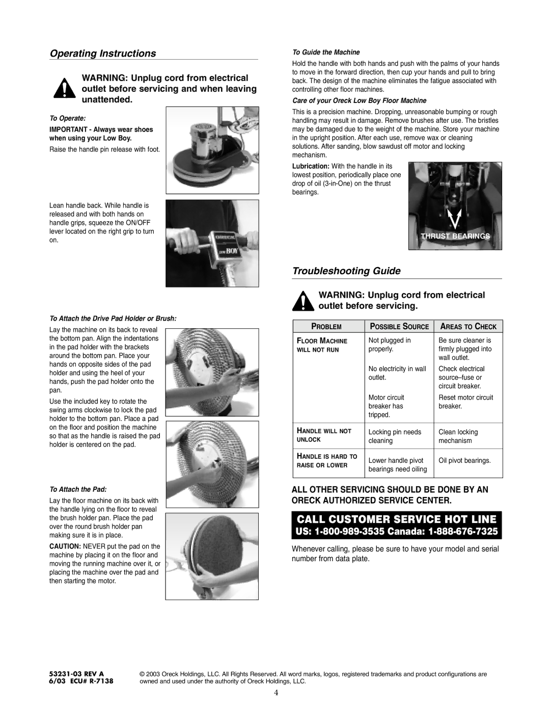 Oreck LB8000 warranty Operating Instructions, Troubleshooting Guide 