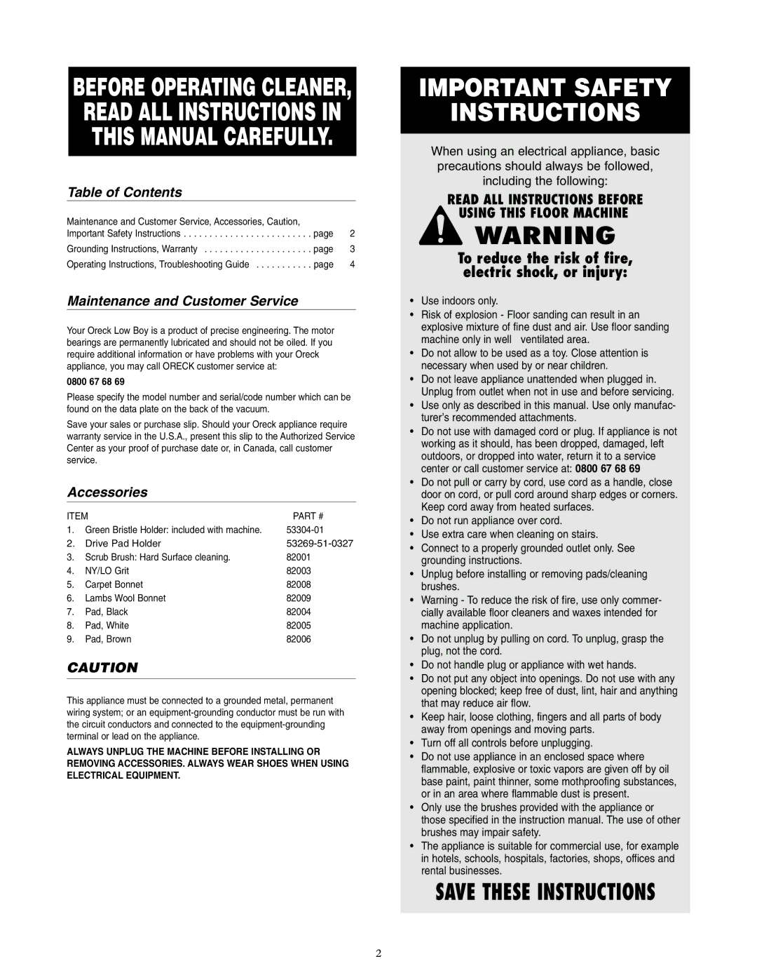 Oreck LB8005 warranty Table of Contents, Maintenance and Customer Service, Accessories 