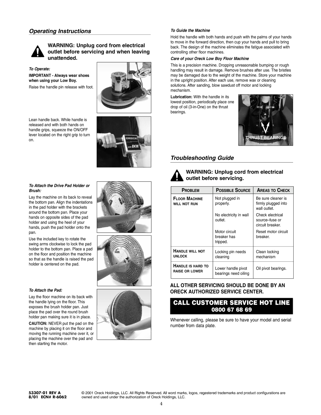 Oreck LB8005 warranty Operating Instructions, Troubleshooting Guide 