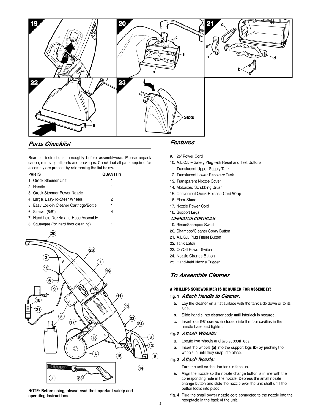 Oreck M800 warranty Parts Checklist Features, To Assemble Cleaner, Slots, 725 168 