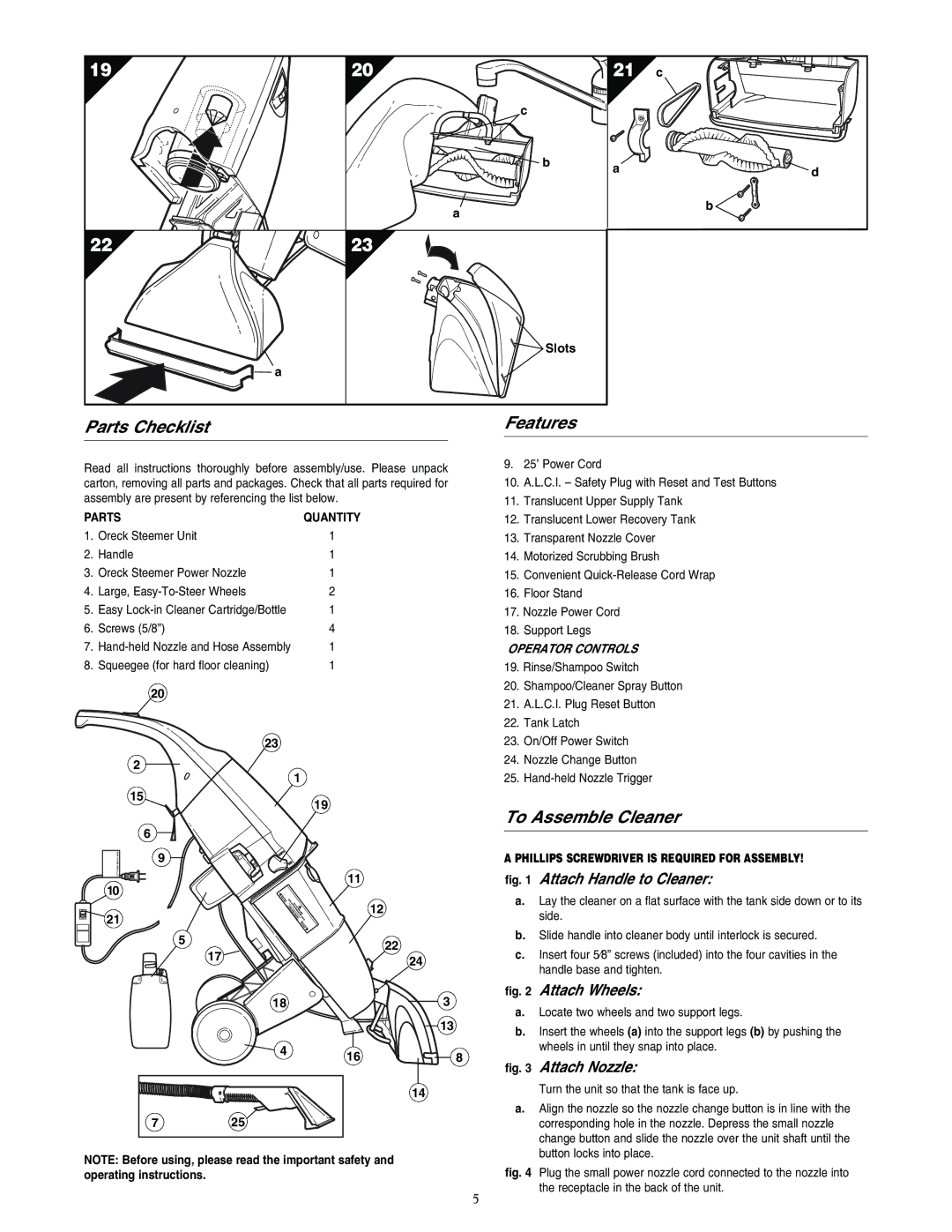 Oreck M900 warranty Parts Checklist Features, To Assemble Cleaner, Slots, Screws 5/8, Squeegee for hard floor cleaning 