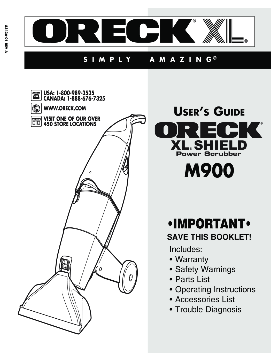 Oreck M900 warranty User’S Guide, Save This Booklet, Includes Warranty Safety Warnings Parts List Operating Instructions 