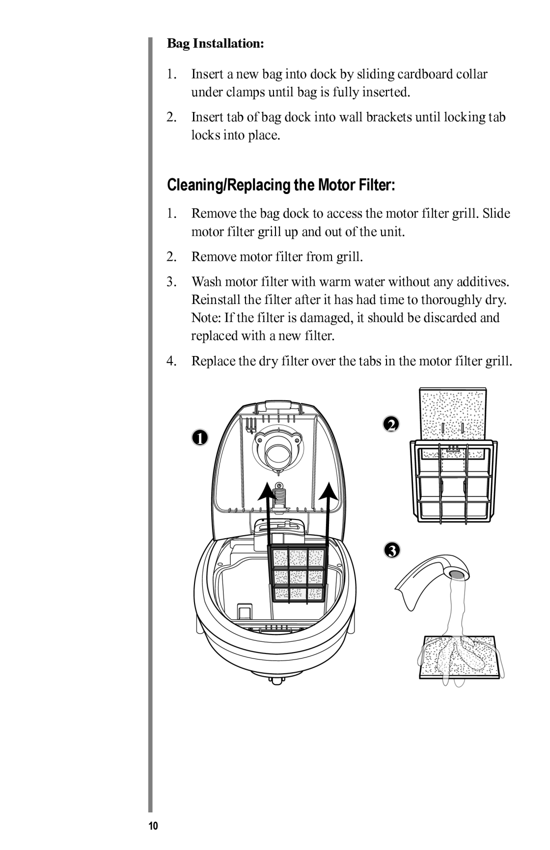 Oreck MC1000 manual Cleaning/Replacing the Motor Filter, Bag Installation 